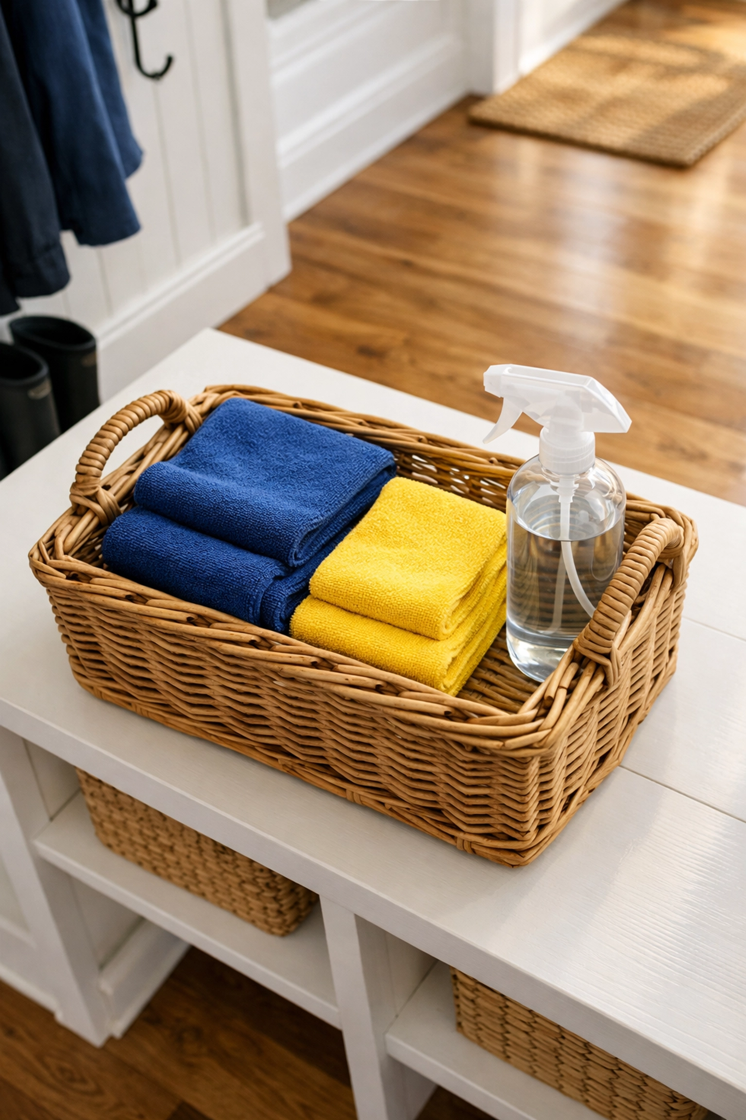 Cleaning supplies in a wicker basket for a quick 15-minute tidy in a Stow MA home entryway.