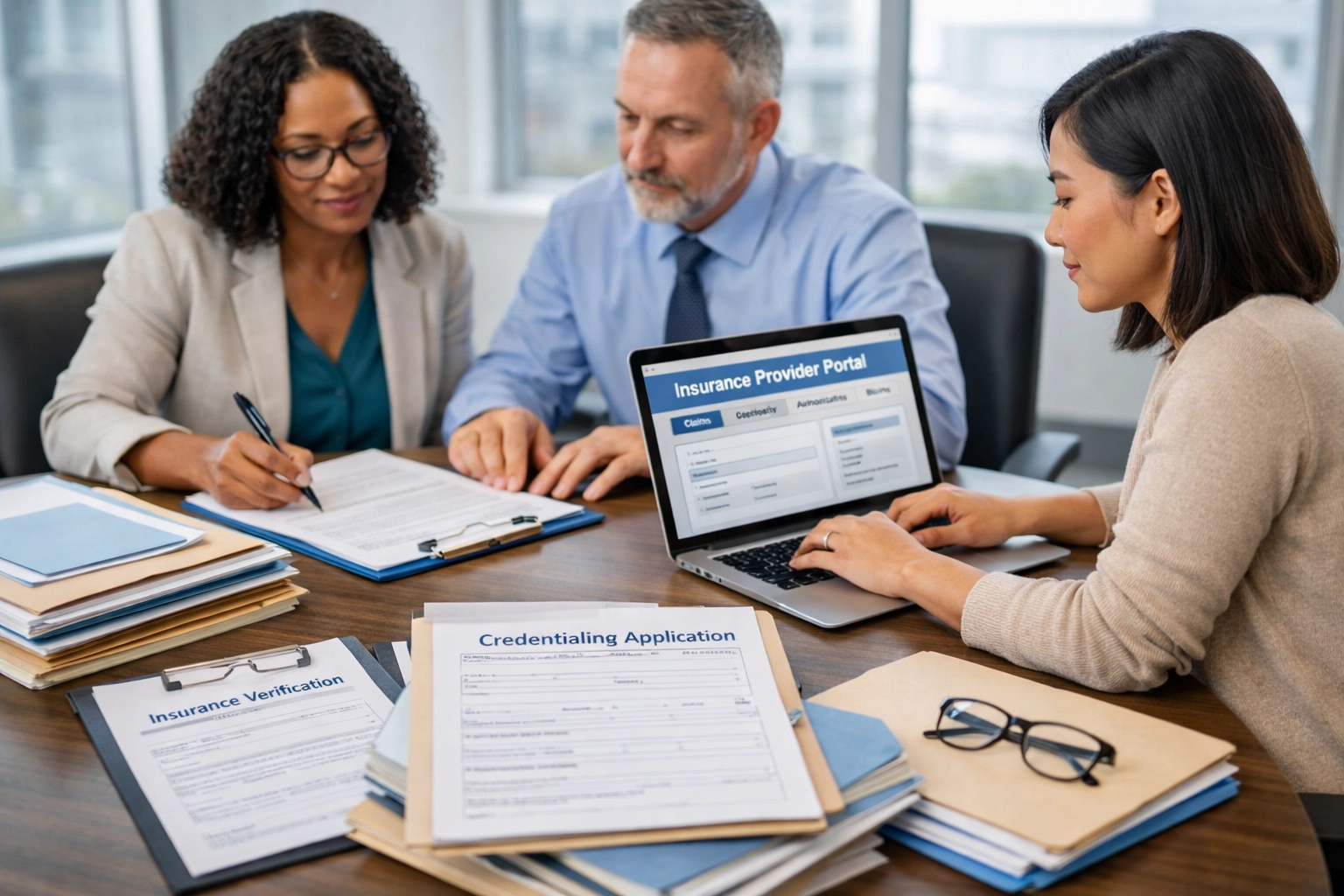 Mental health providers organizing credentialing documents for insurance applications