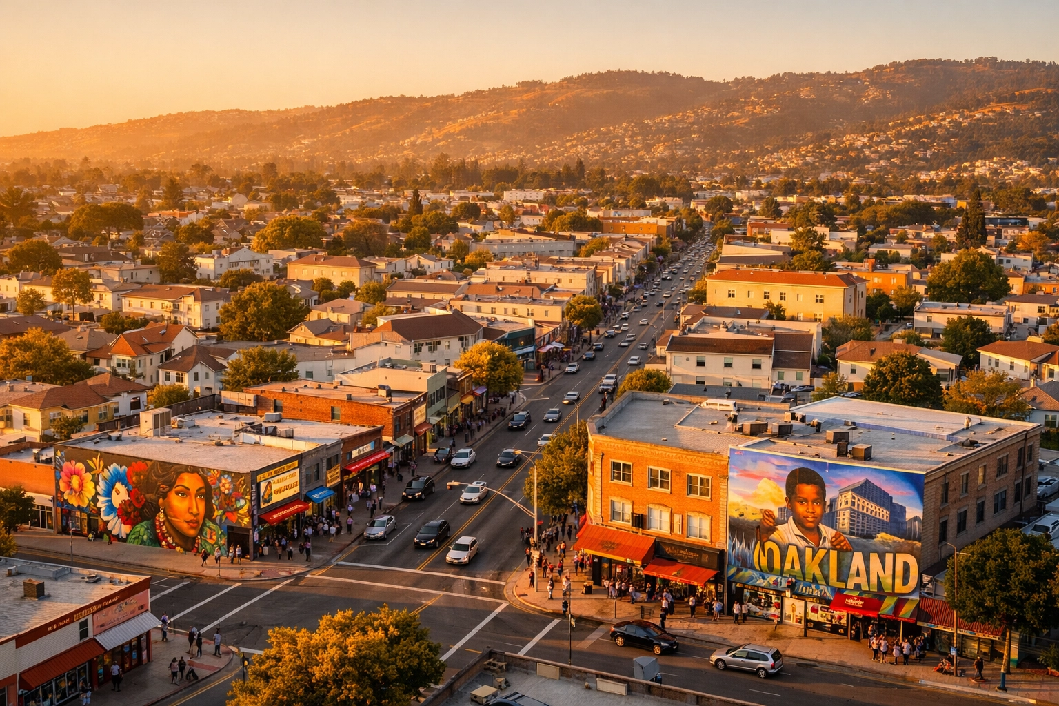 East Oakland Foothill Boulevard neighborhood with mixed-use buildings and community spaces