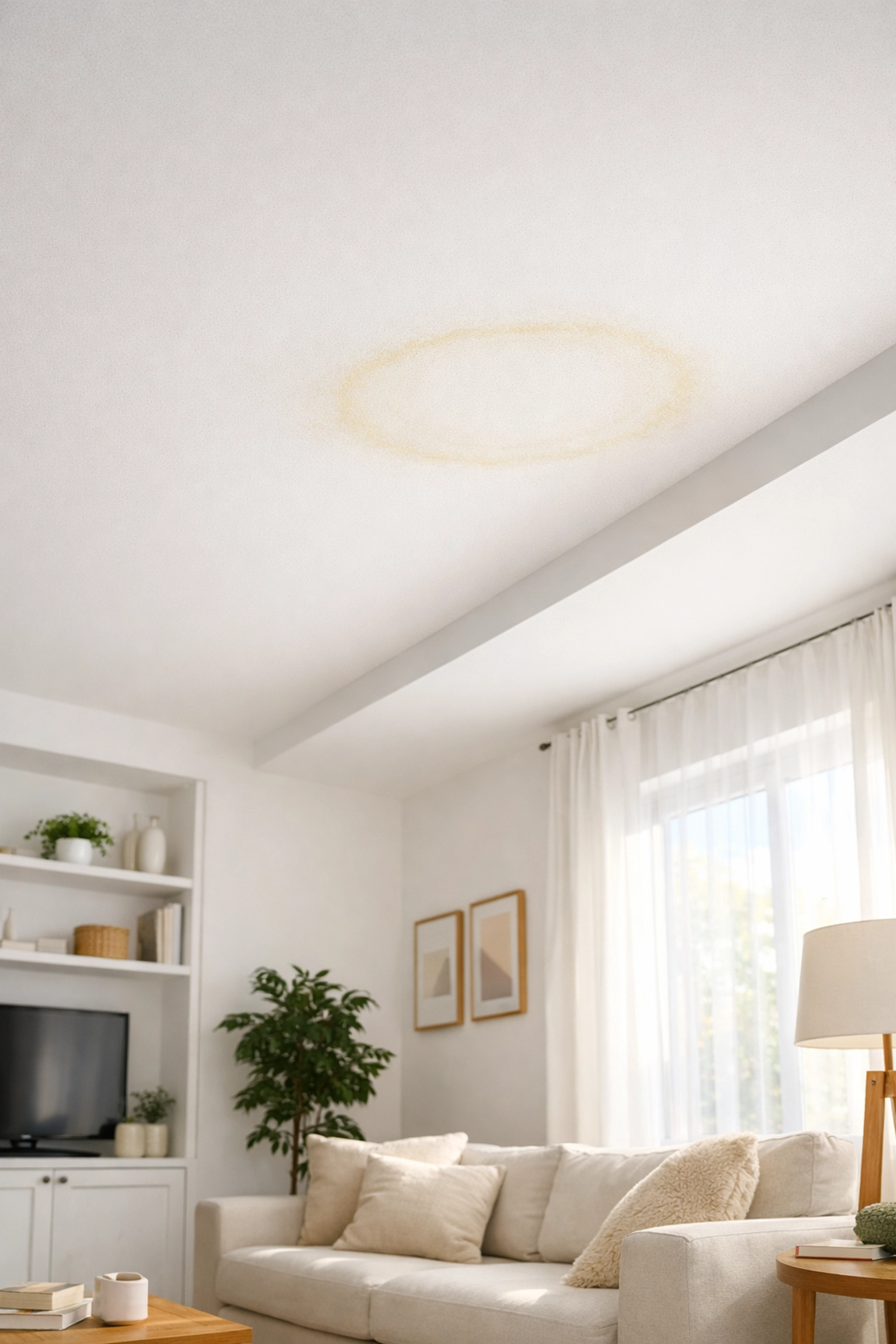 Identifying an early water stain on a ceiling to find a roof leak before it causes major damage.