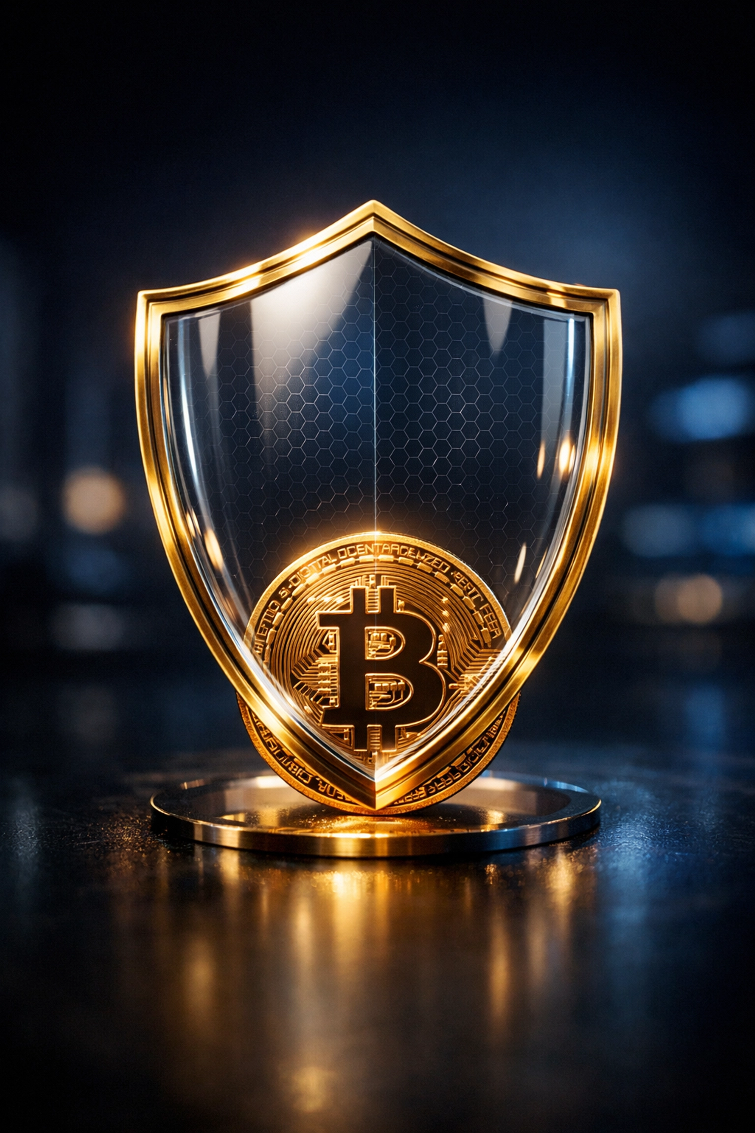 Protective shield over Bitcoin representing downside risk mitigation strategies for institutions