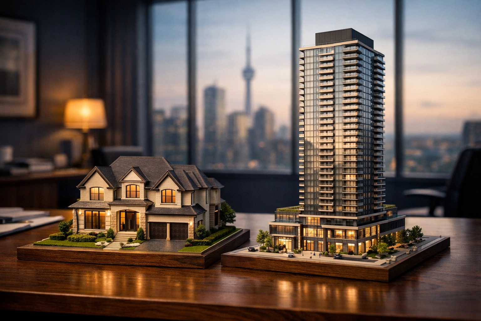 Architectural models of a Toronto condo and North York detached home showing the 2026 split market forecast.