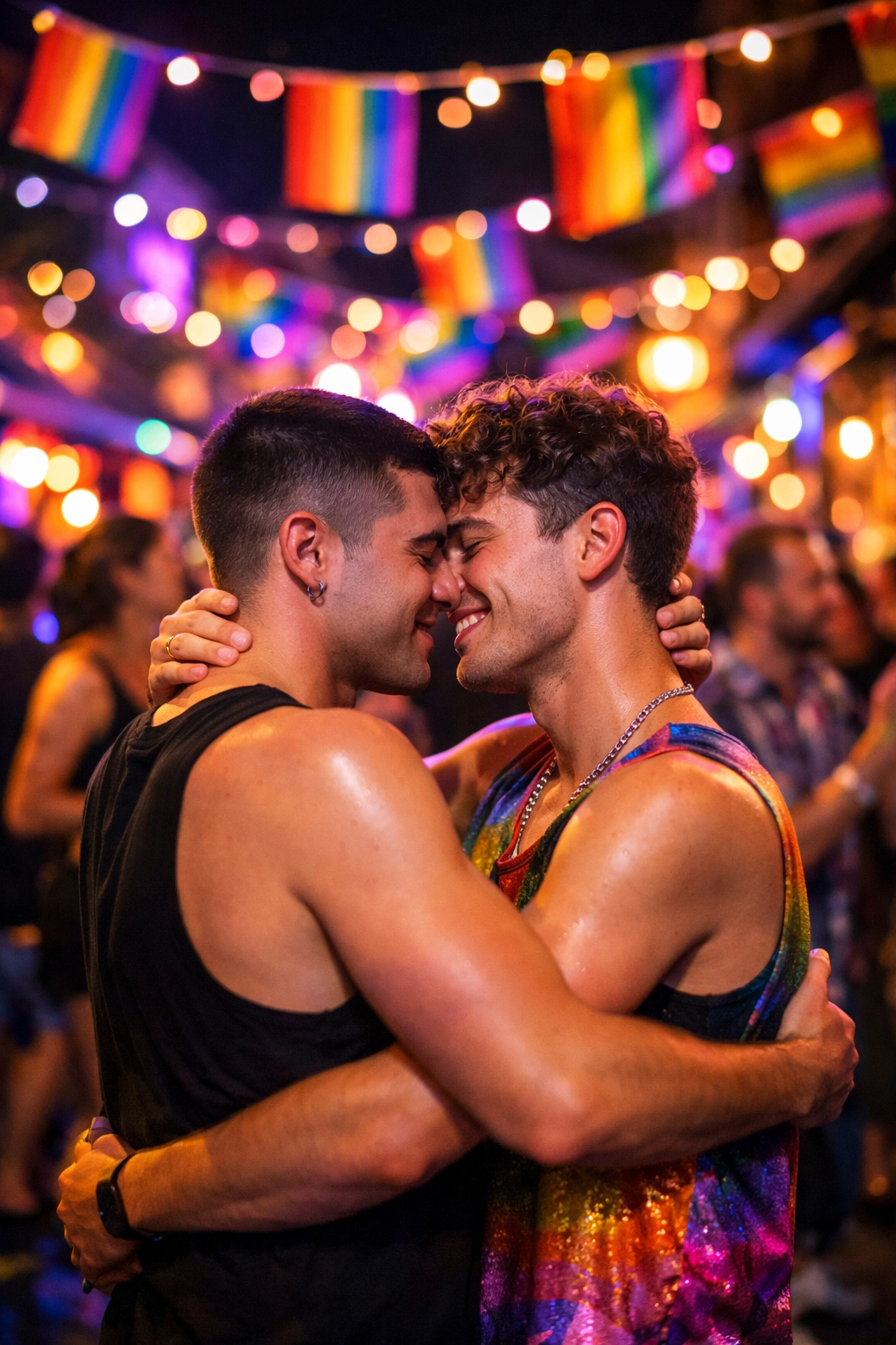 Athens Pride celebration in Gazi district - Greek LGBTQ+ community embracing at night festival