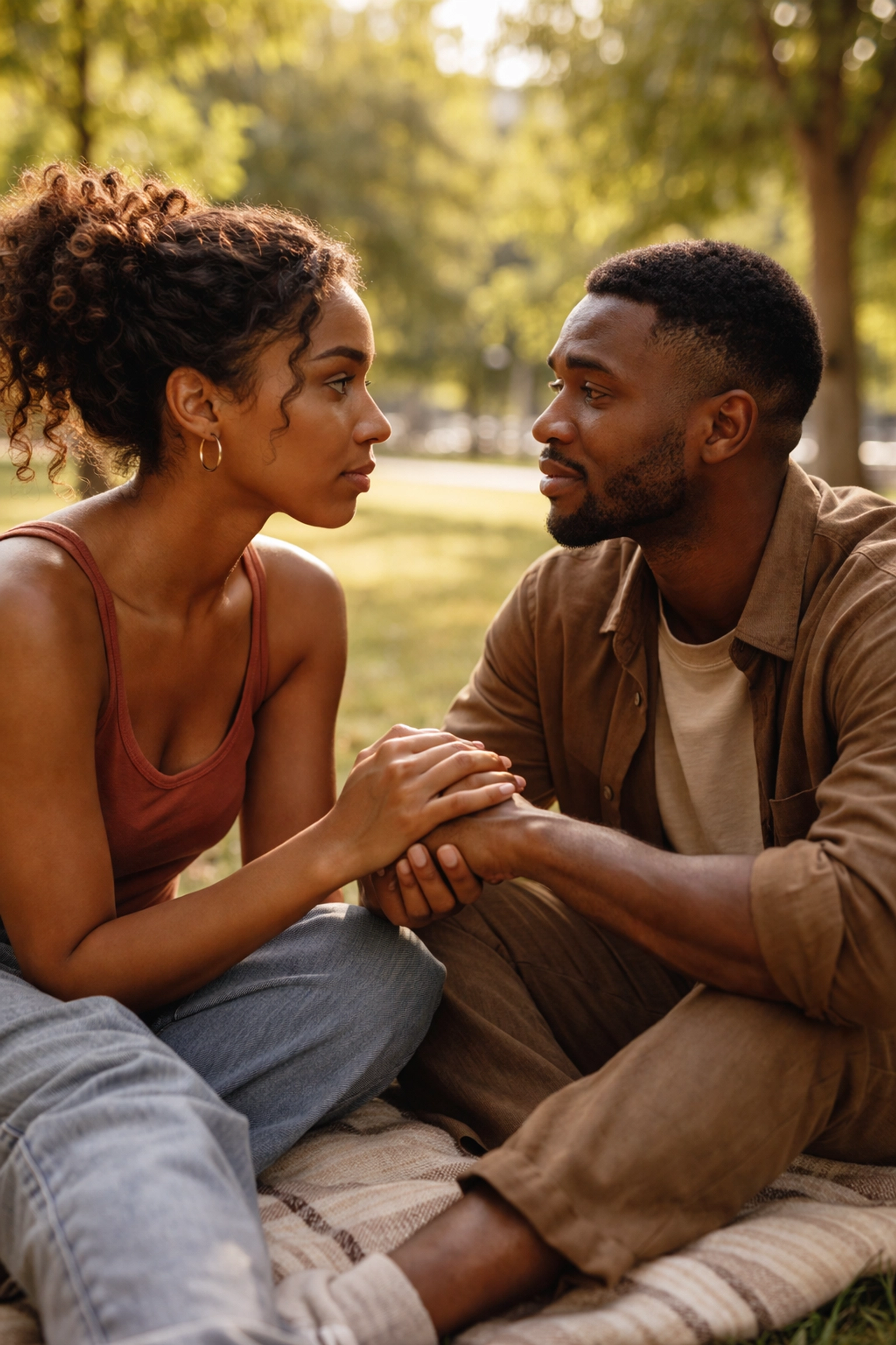 Black man and woman sharing a vulnerable conversation in a sunlit park, showing intimacy and trust.