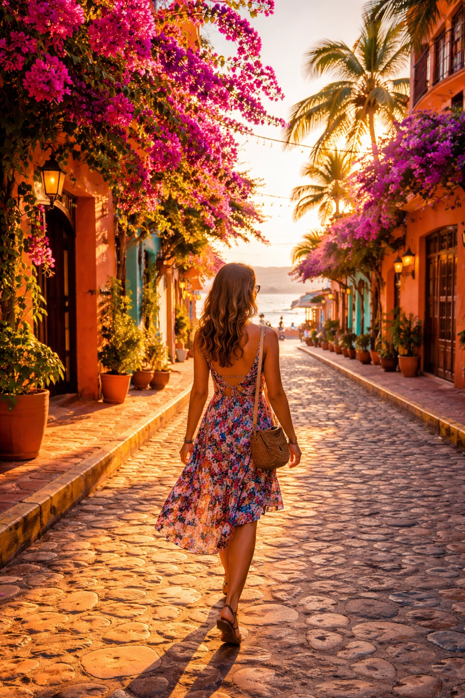 Solo female traveler exploring colorful cobblestone streets in Puerto Vallarta at golden hour for adventure seekers