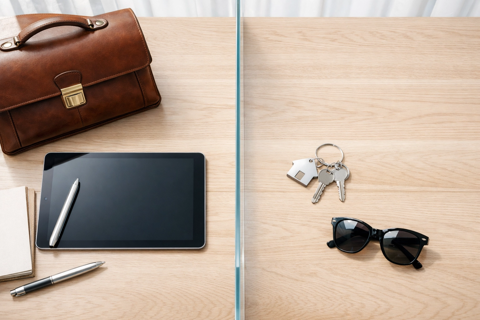 Desk divided between business supplies and personal items representing a firewall for credit protection.