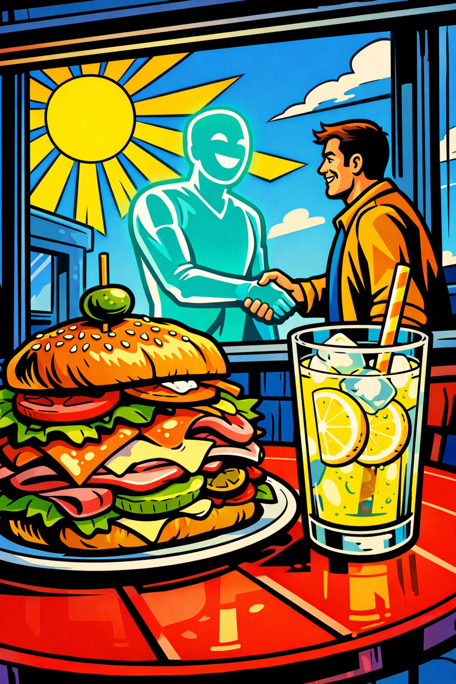 An AI assistant handling customer inquiries while a small business owner enjoys lunch.