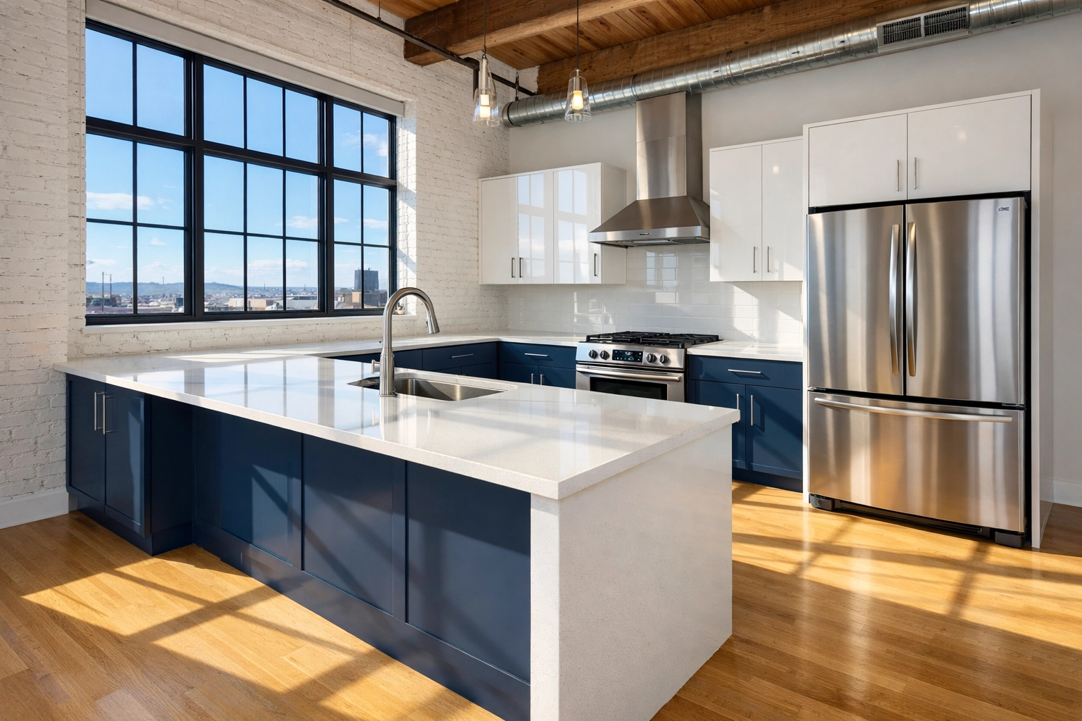 A spotless modern kitchen in a Worcester loft showcasing expert move-out cleaning Worcester MA results.