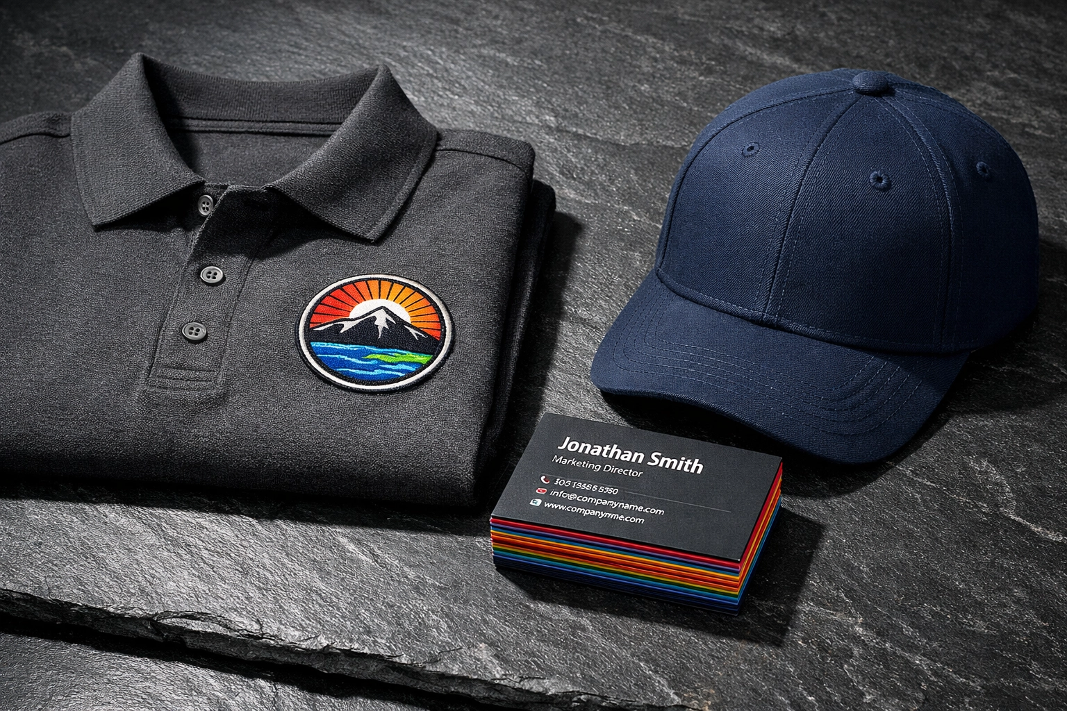 Professional startup branding kit featuring embroidered apparel and custom business cards from Custom Print DFW.