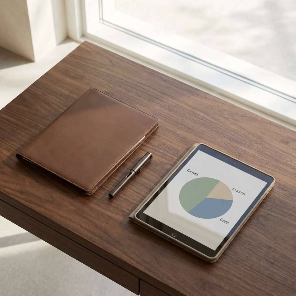 Minimalist investment desk with pie chart shows a simple, balanced portfolio for effective asset management.