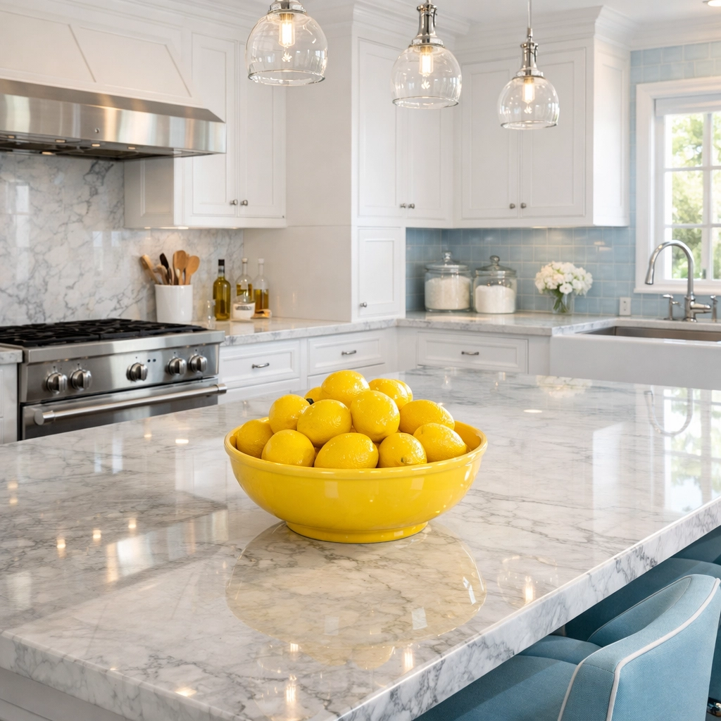 Deep cleaned gourmet kitchen with white cabinets and marble counters from a House Cleaning Ashburnham MA service.