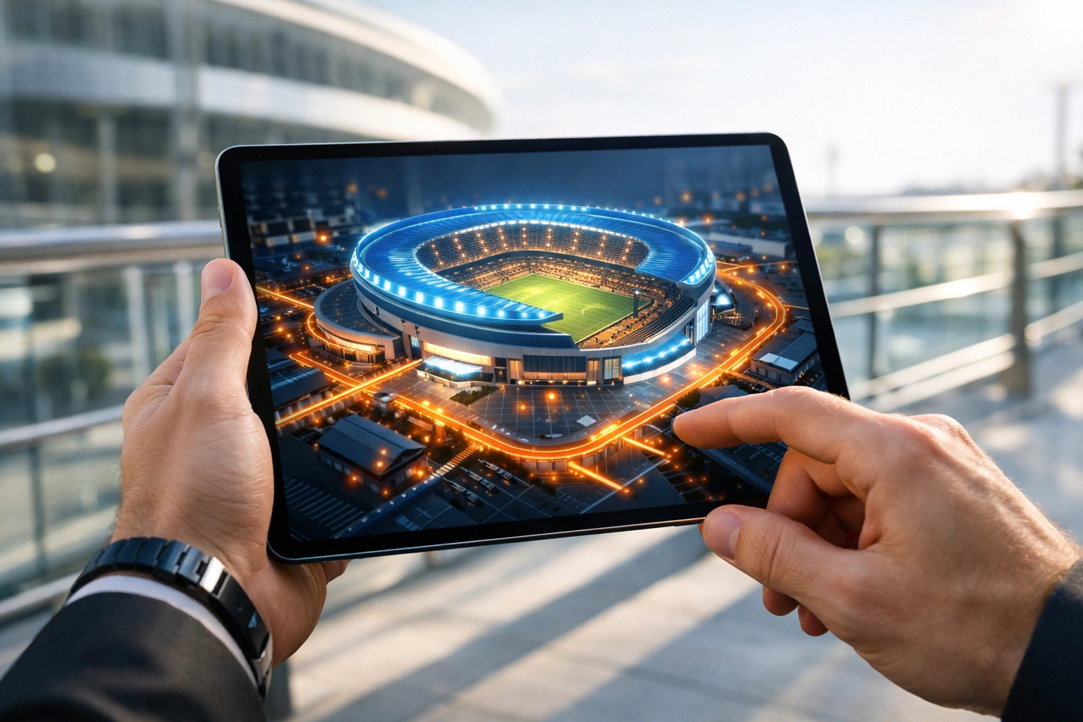 Interactive digital stadium model on a tablet showcasing high-impact brand engagement technology.