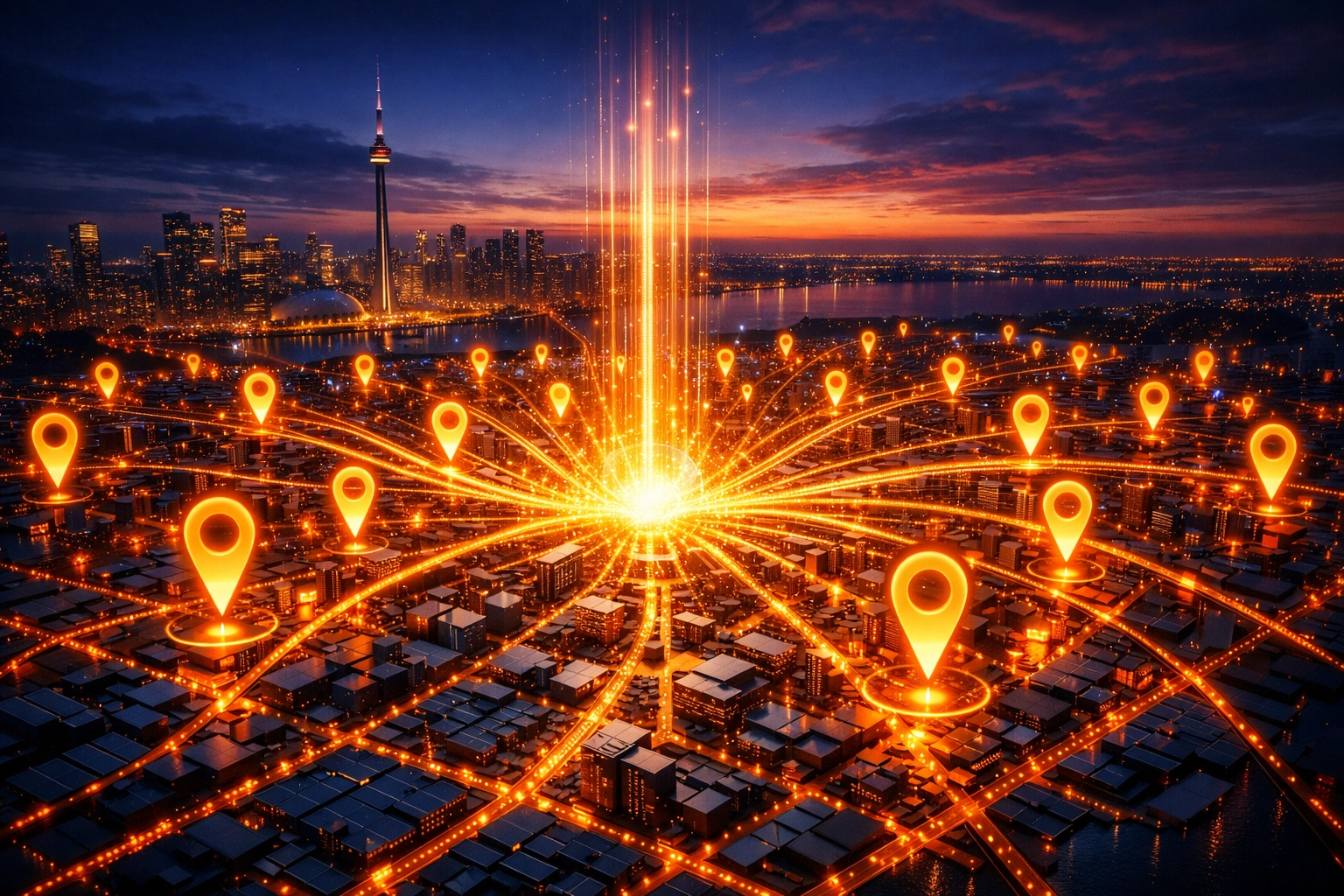 A map of Toronto with glowing location pins showing the impact of Local SEO and Google Business Profile rankings.