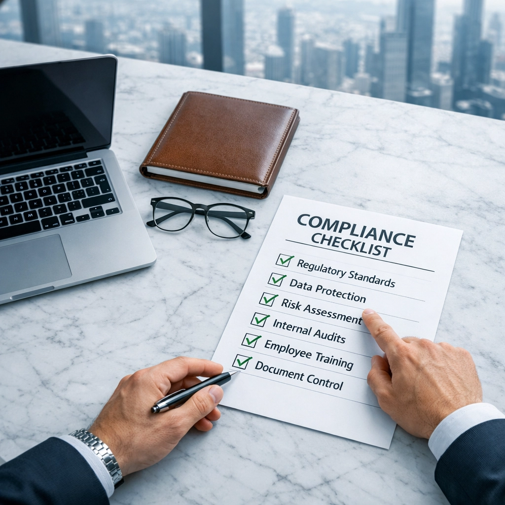 ServiceNow consulting services experts reviewing DORA and ESG compliance checklists in a modern office.