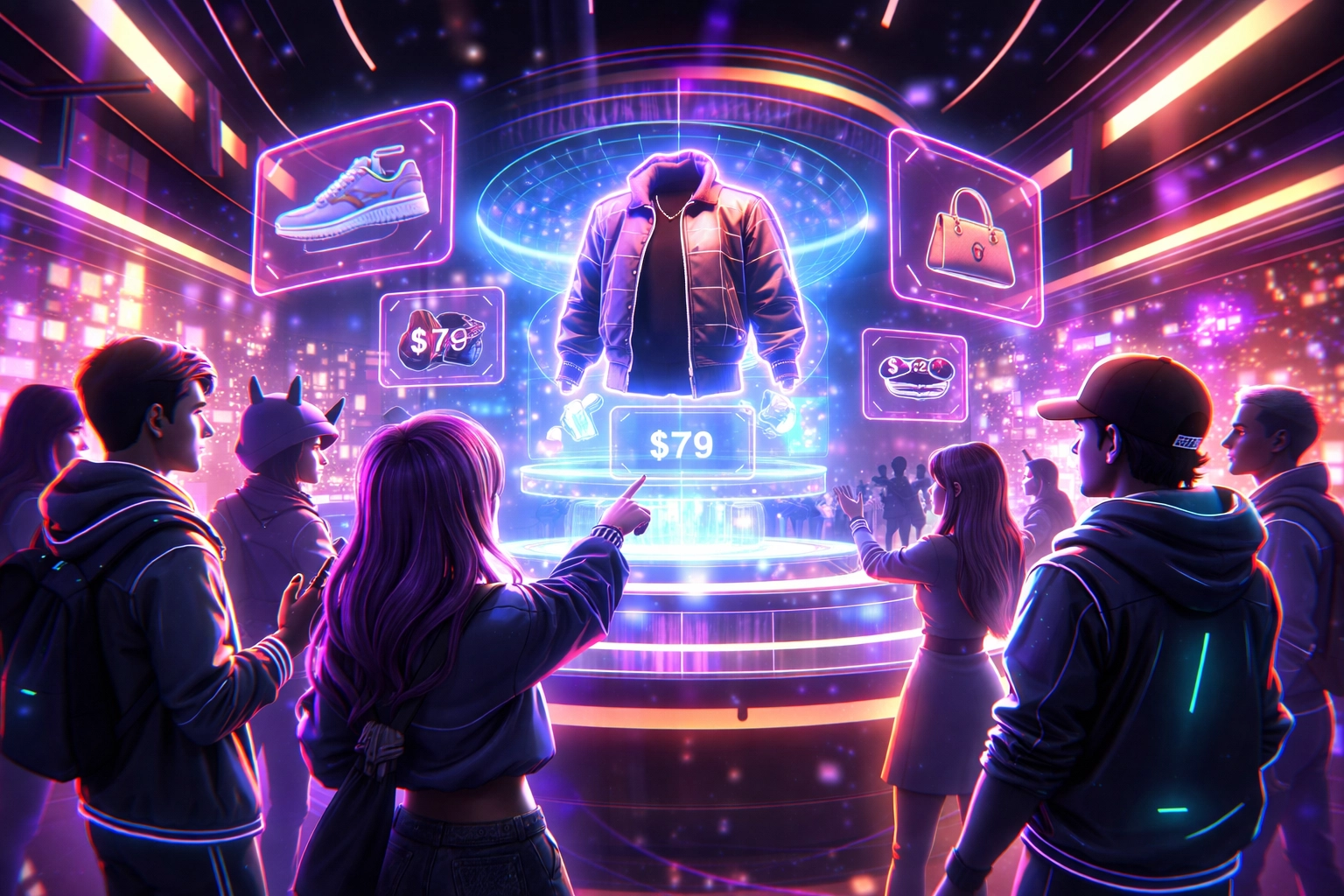 Virtual shoppers interact around digital products in a vibrant social metaverse shopping experience, showcasing the future of immersive commerce.