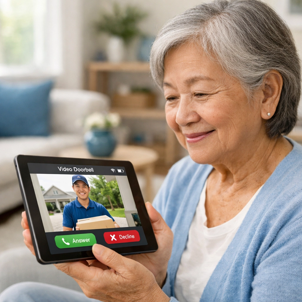 Senior using tablet to view smart video doorbell at home