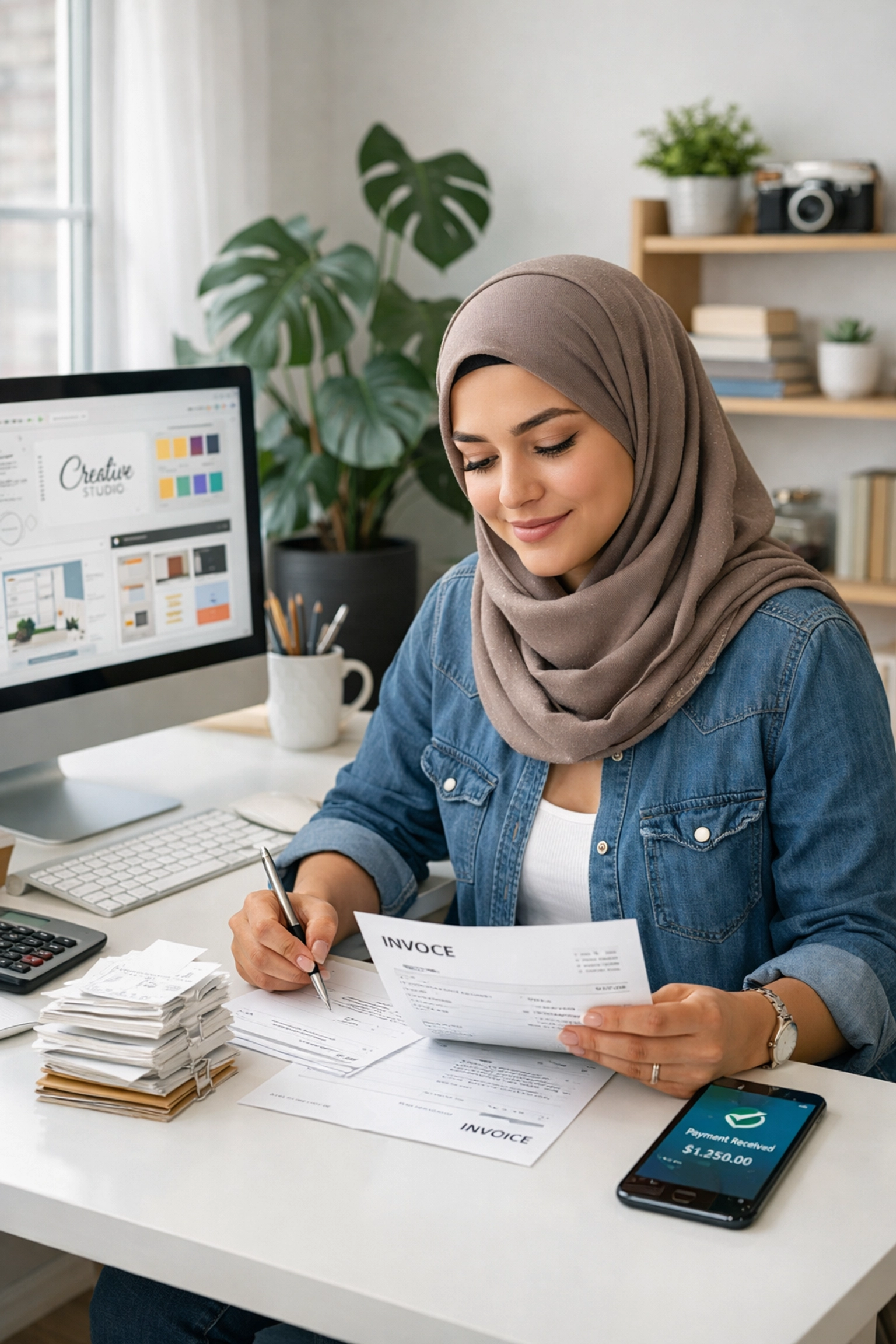 Freelancer reviewing invoices and receipts for income tracking in home office