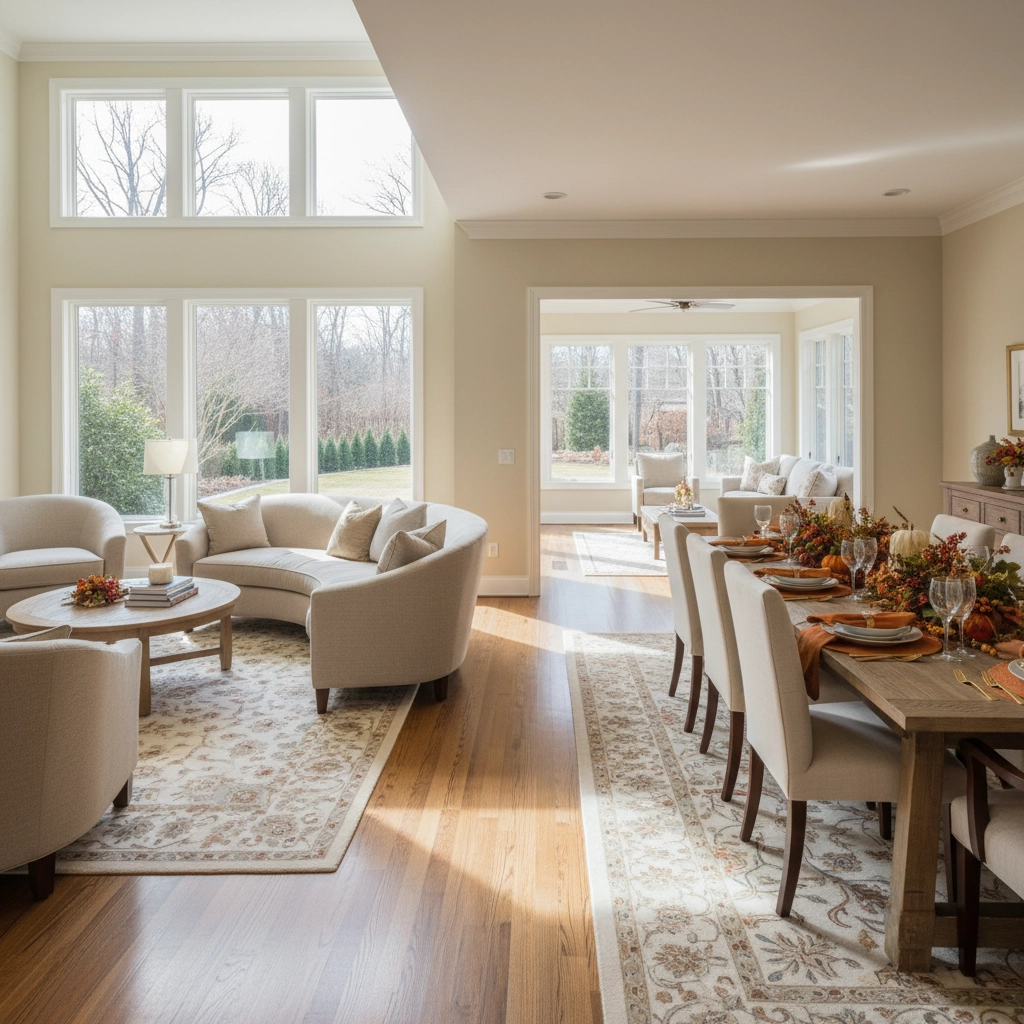 Bright living-dining area with beige couches, wooden table set for fall, large windows, and rugs, creating a cozy, inviting atmosphere.