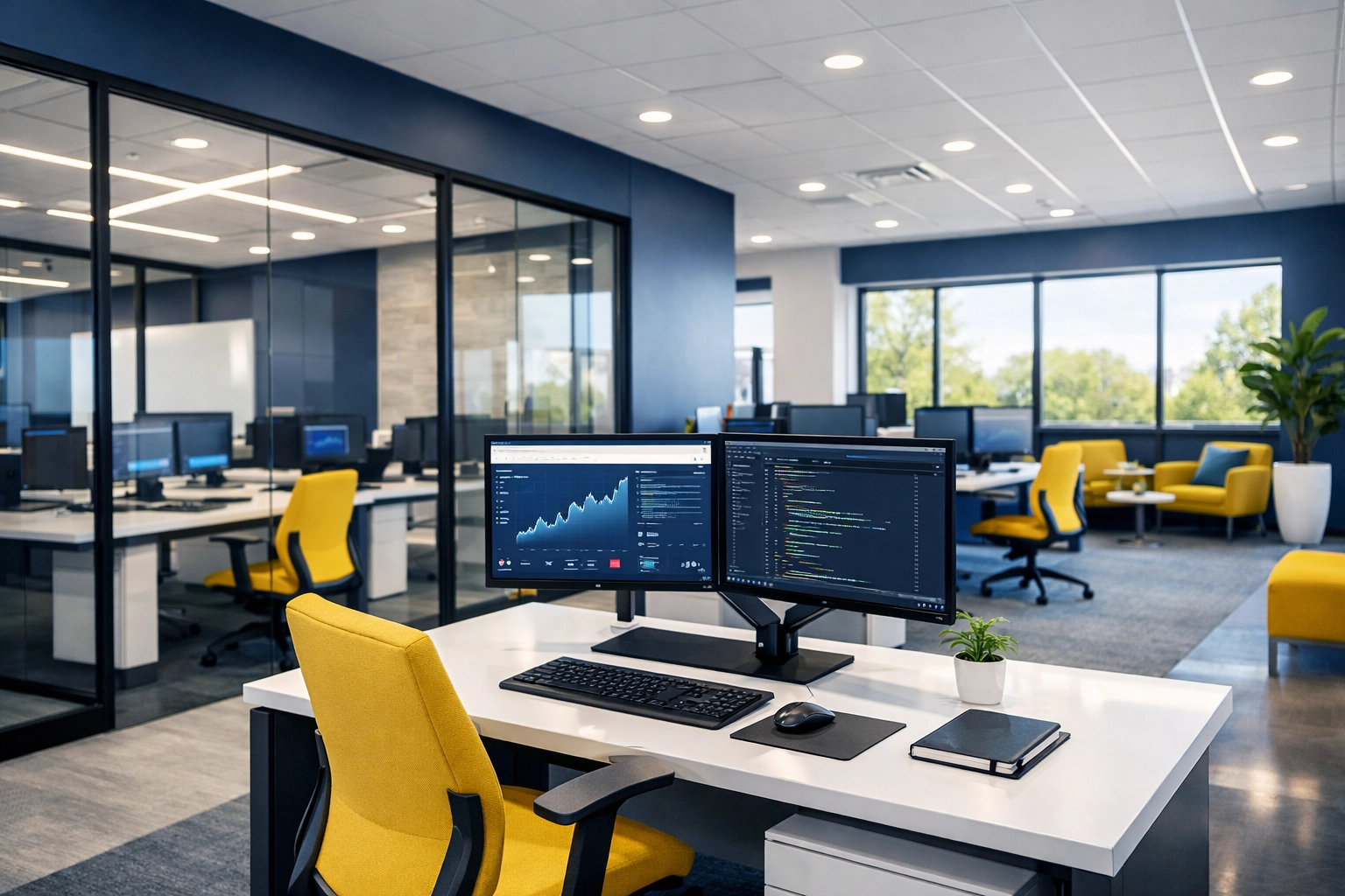 Pristine modern tech office interior in Billerica, MA with clean glass partitions and workstations.