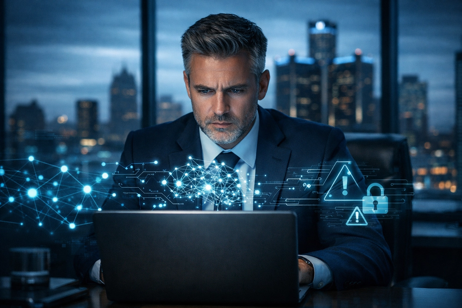 Professional monitoring secure data on a laptop to avoid tax season cybersecurity mistakes in Genesee County.