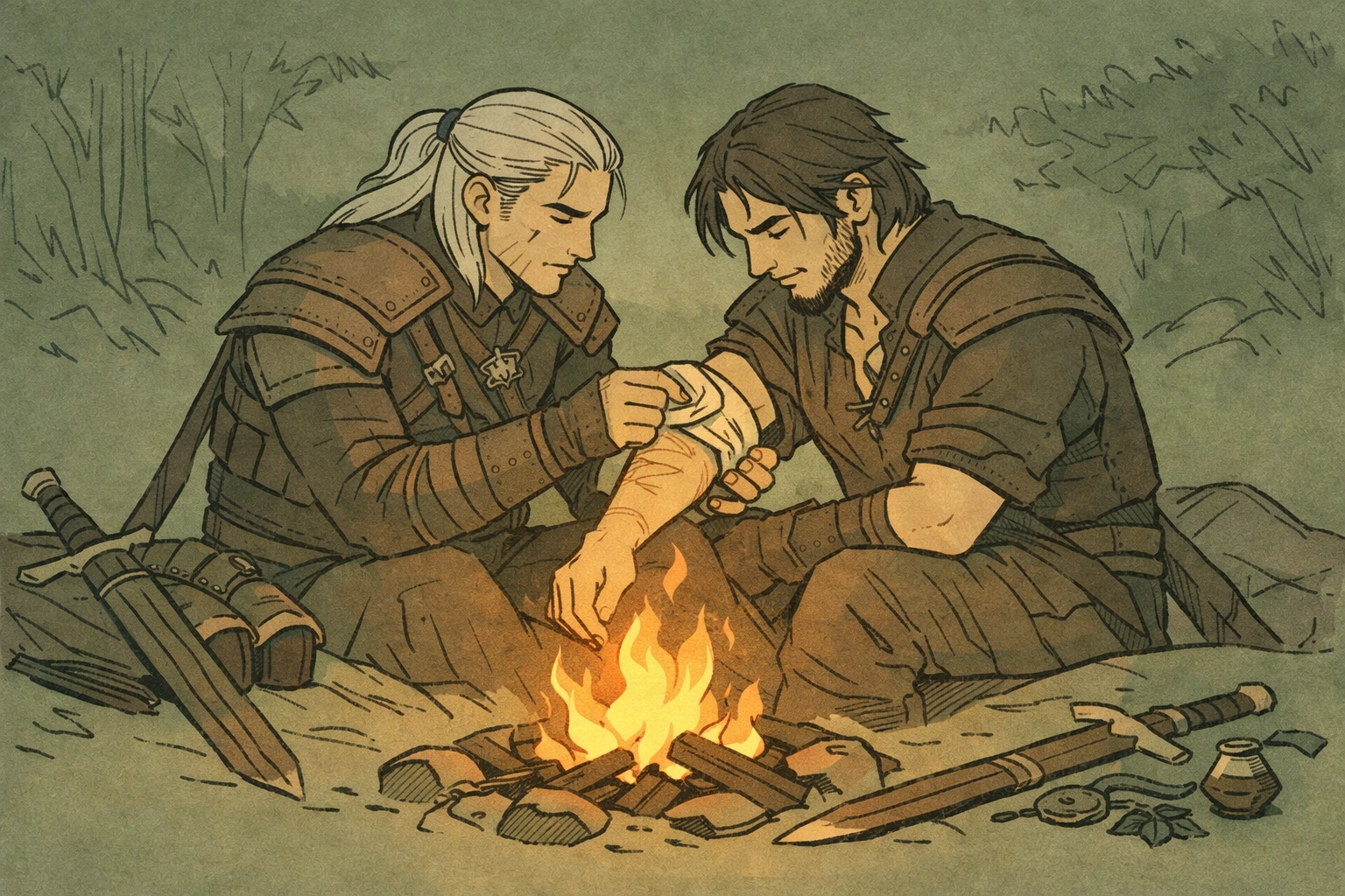 Witcher tending injured partner by campfire in MM hurt-comfort romance