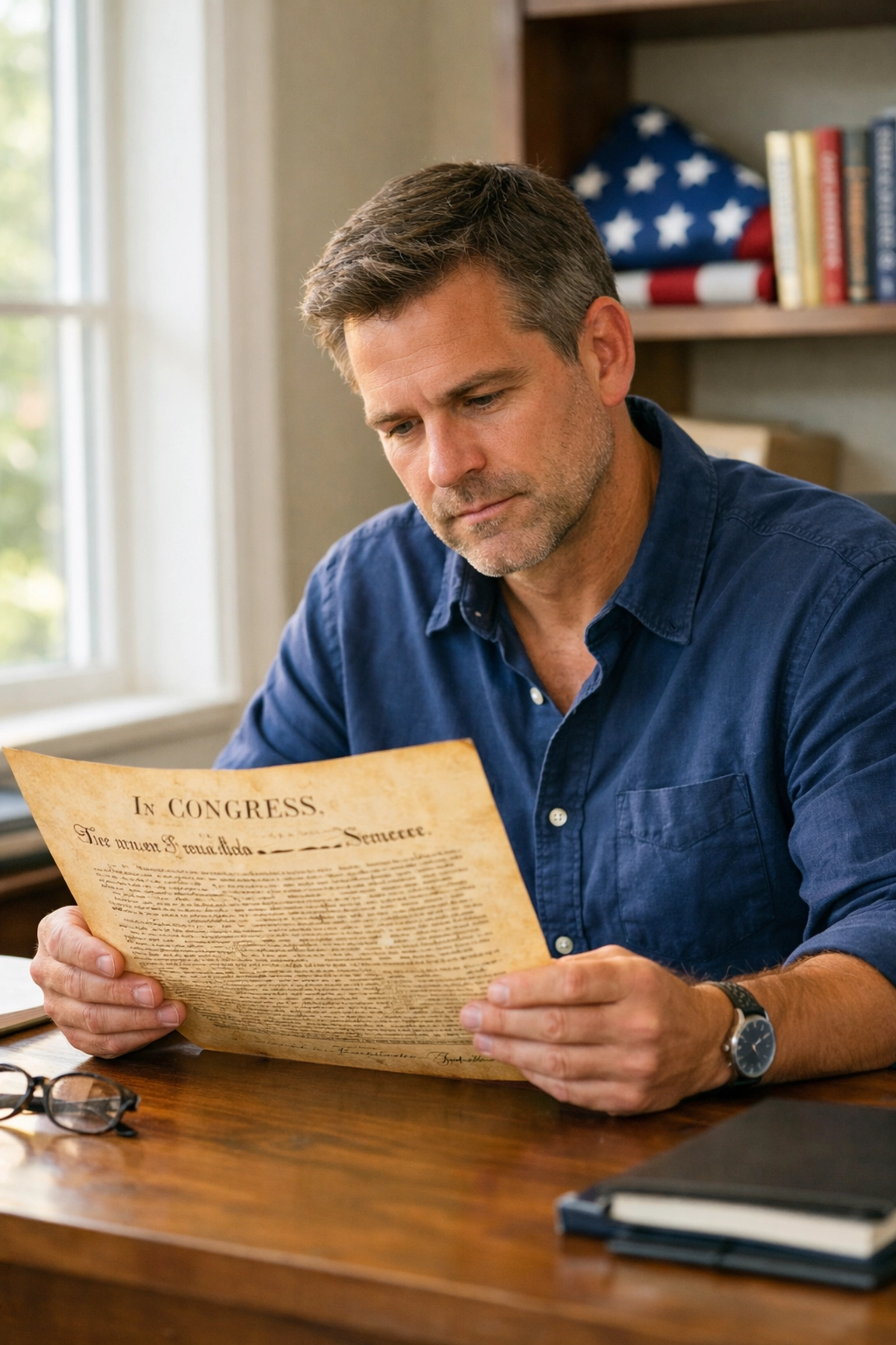 CEO Dan Kost researching American history in a home office to provide leadership insights and civic education.