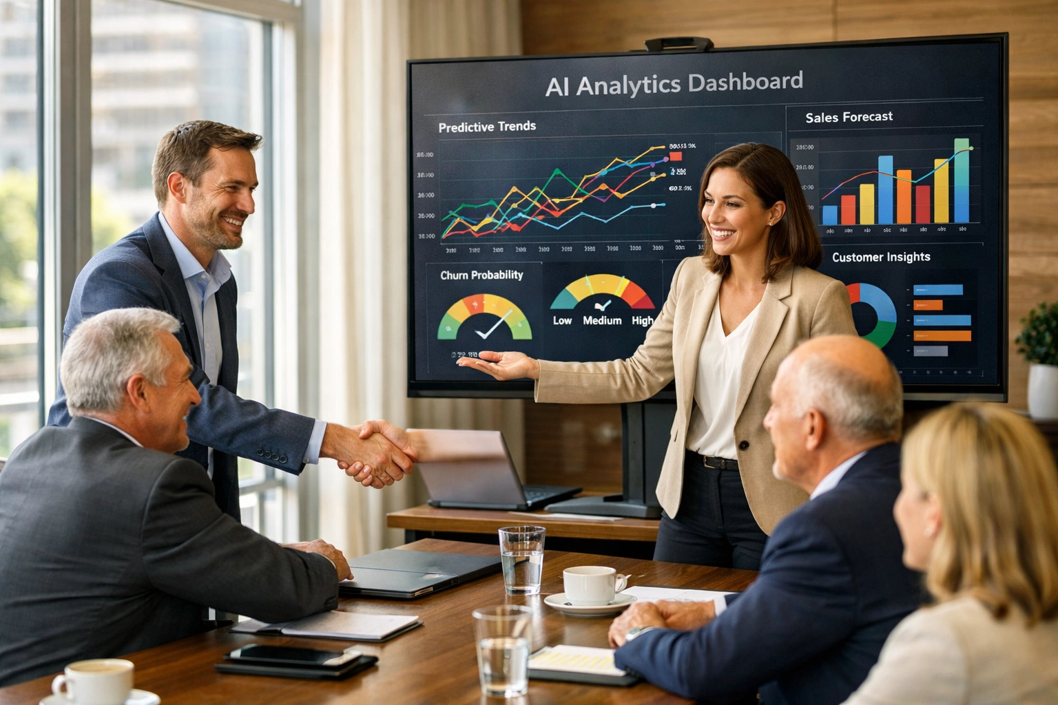 ServiceNow consulting services partnership meeting with AI-powered analytics presentation
