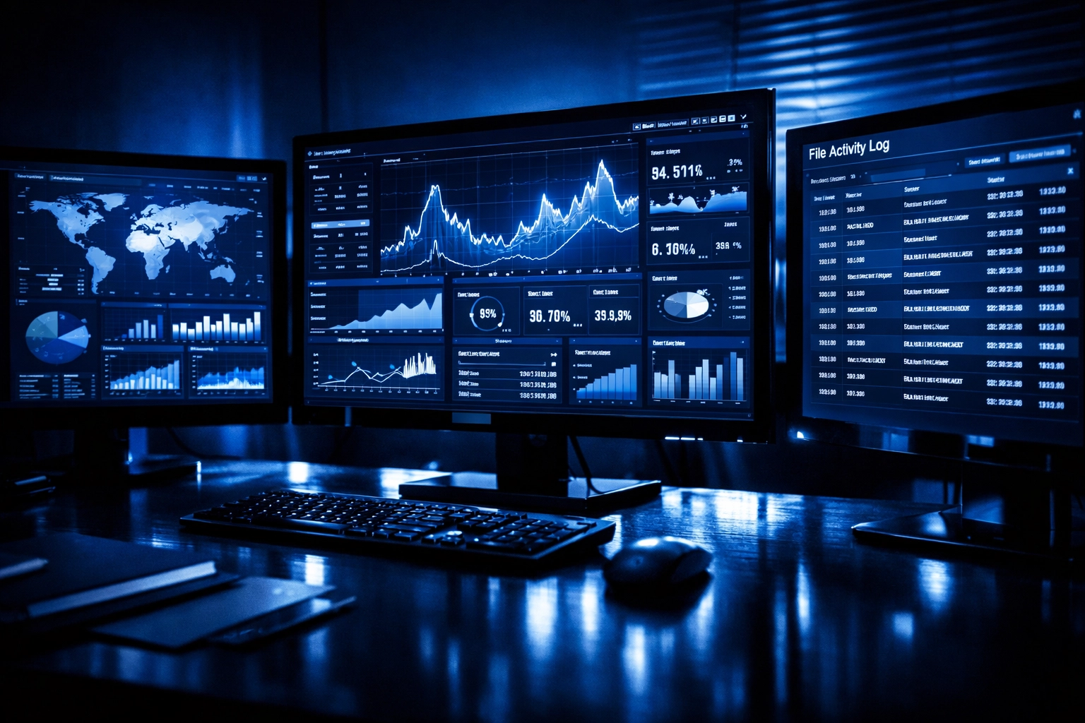 Computer monitors displaying file sharing audit dashboards and activity logs for security monitoring