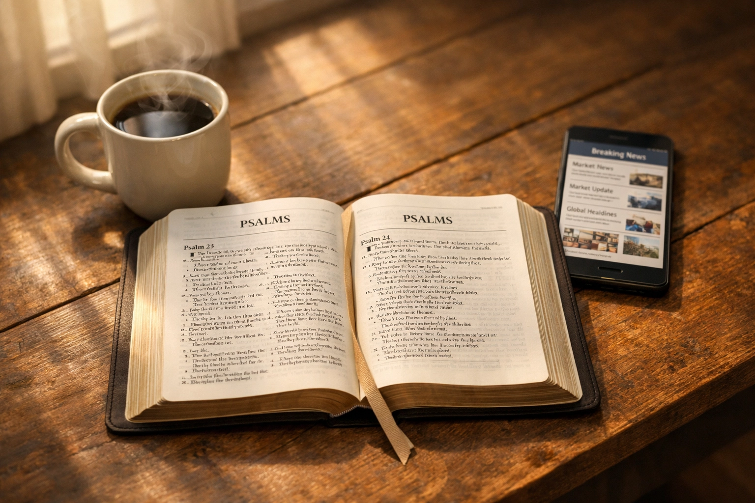 Open Bible with coffee and news headlines during morning devotional time