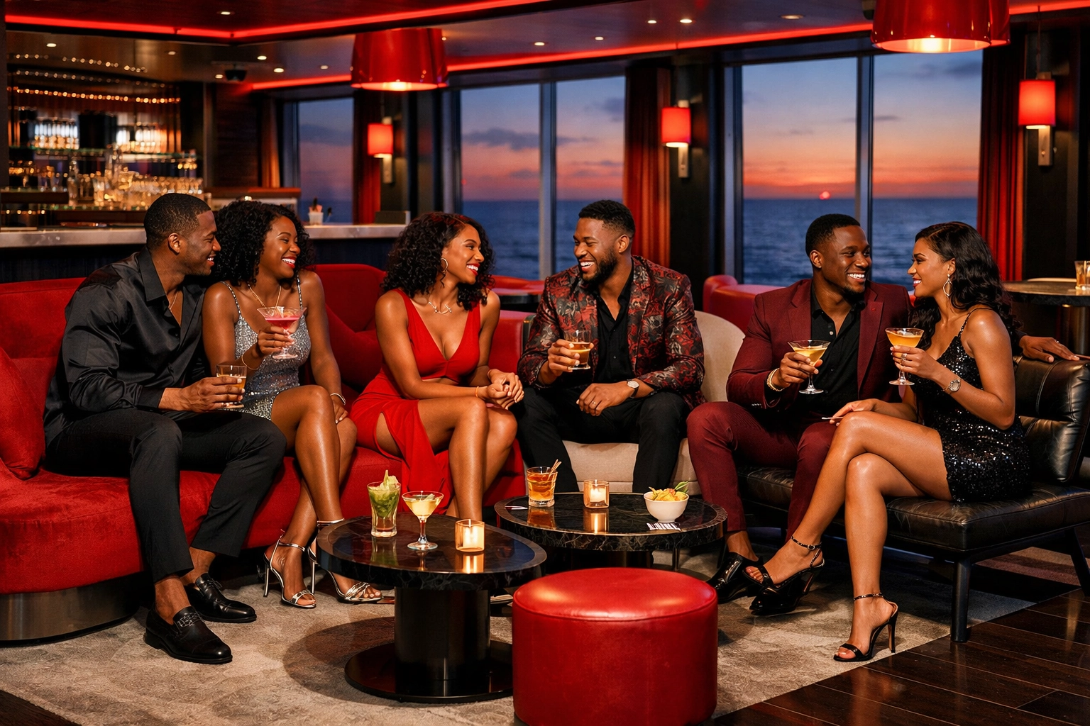Friends enjoying cocktails in an adults-only cruise lounge during a luxury lifestyle cruise at sunset.
