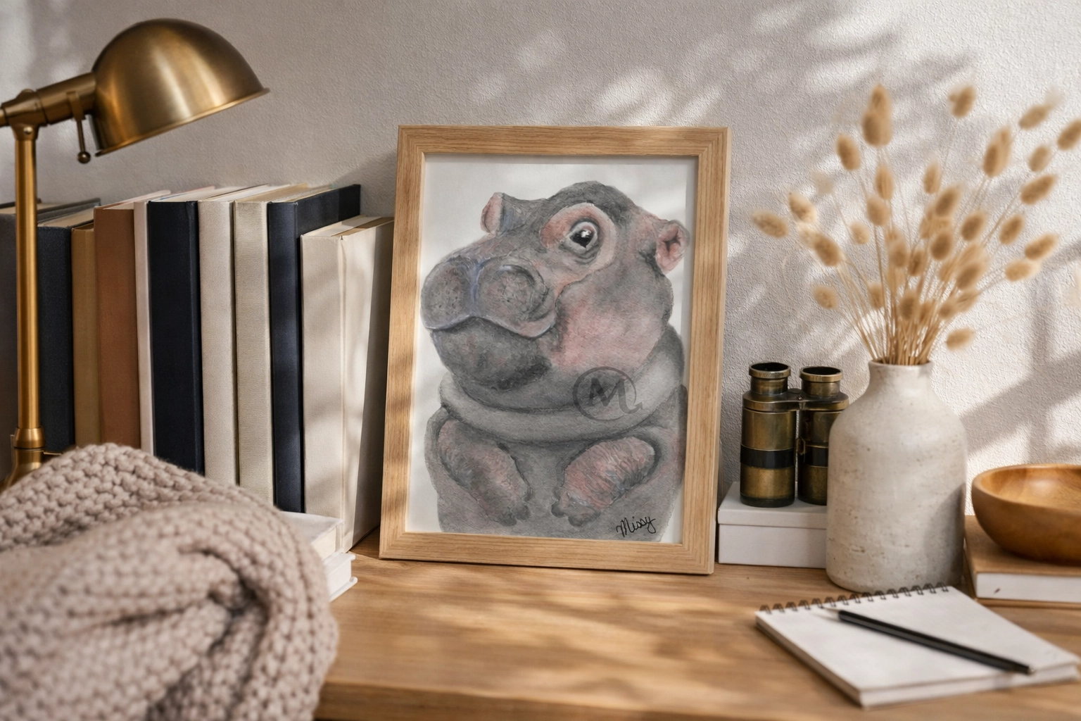 Missy’s Hippo print on a bookshelf lifestyle mockup scene
