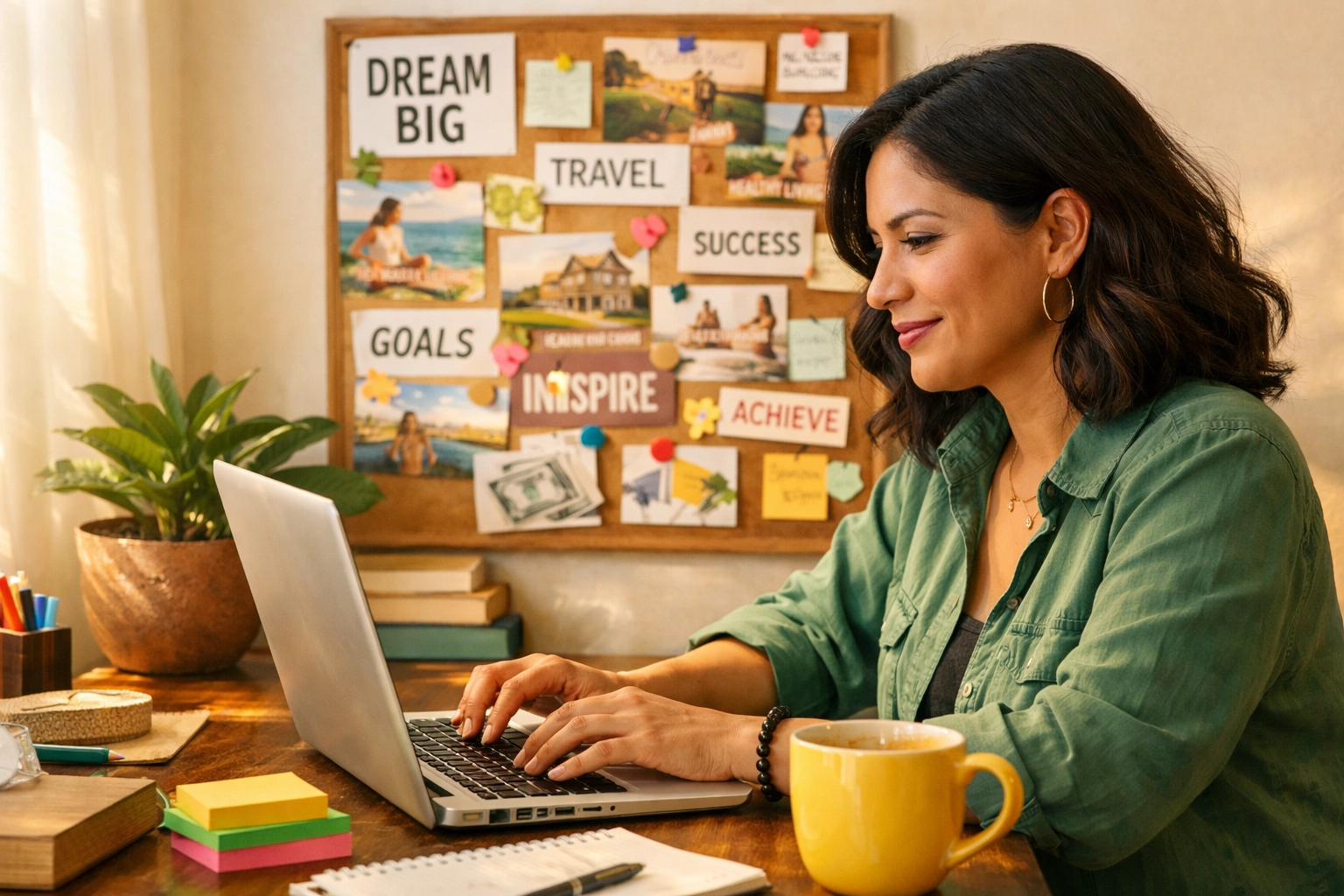 Woman entrepreneur building AI consulting business from home office workspace