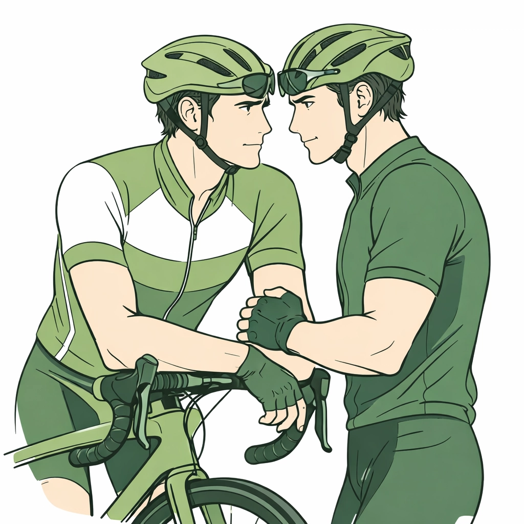 Male professional cyclists in gear share a romantic moment during the Gay Games competition.