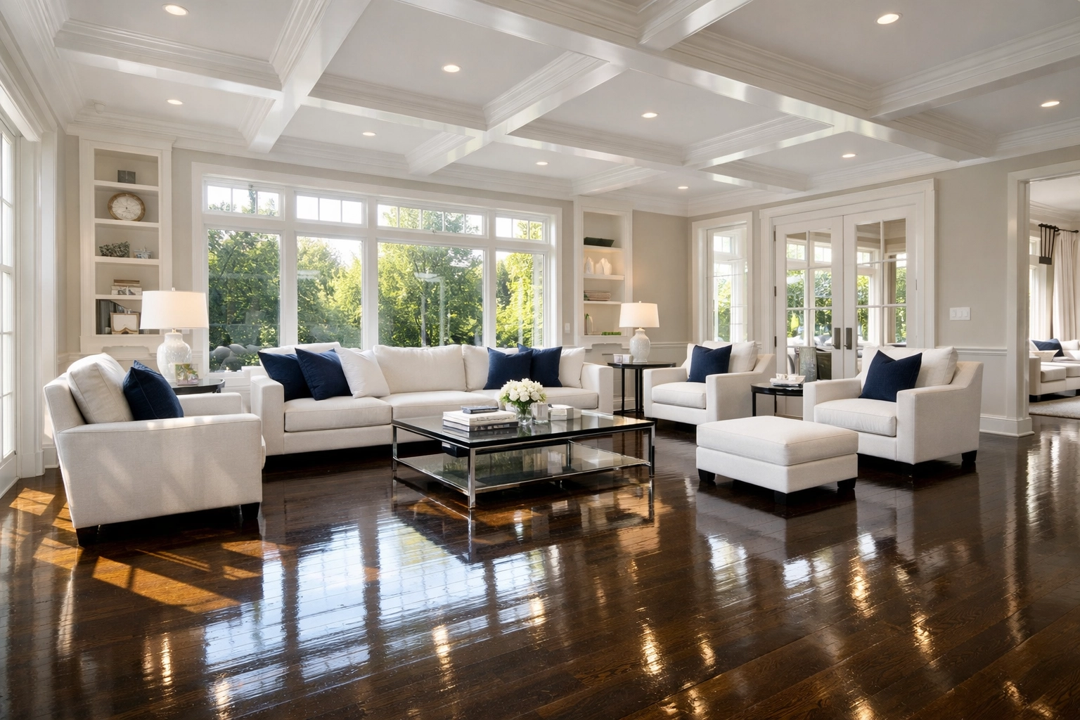 Sunlit living room in a Wellesley estate featuring polished floors from professional cleaners MA.