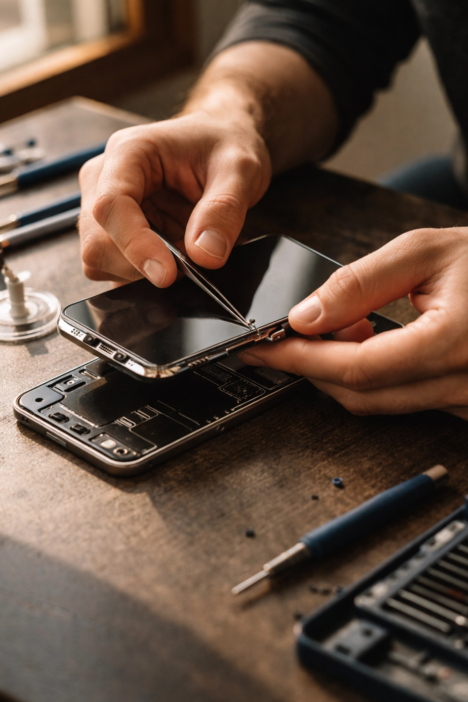 Technician’s hands performing a precise iPhone screen replacement on site, highlighting mobile phone screen repair in Brooklyn