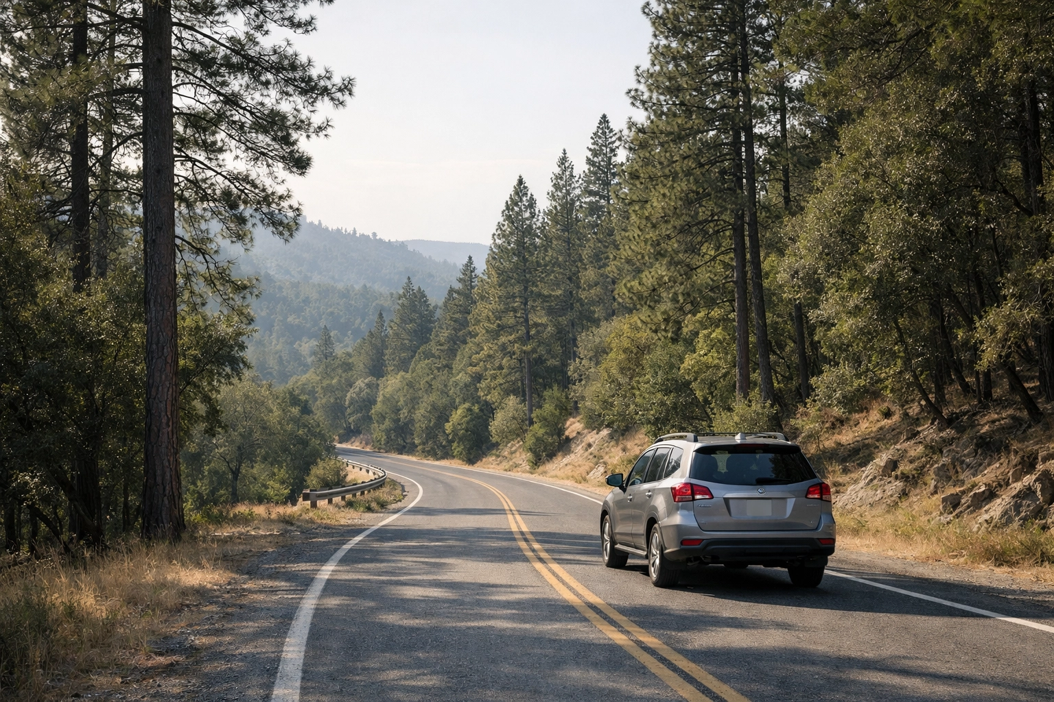 Well-maintained vehicle driving safely through Auburn CA after professional auto repair near me.