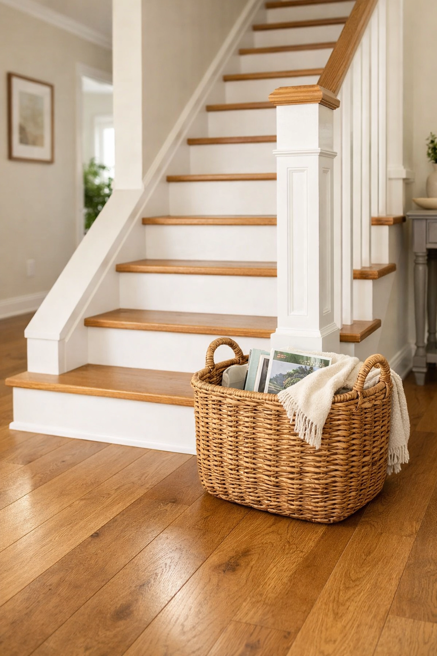A clear and organized staircase landing with a storage basket kept away from the walking path.