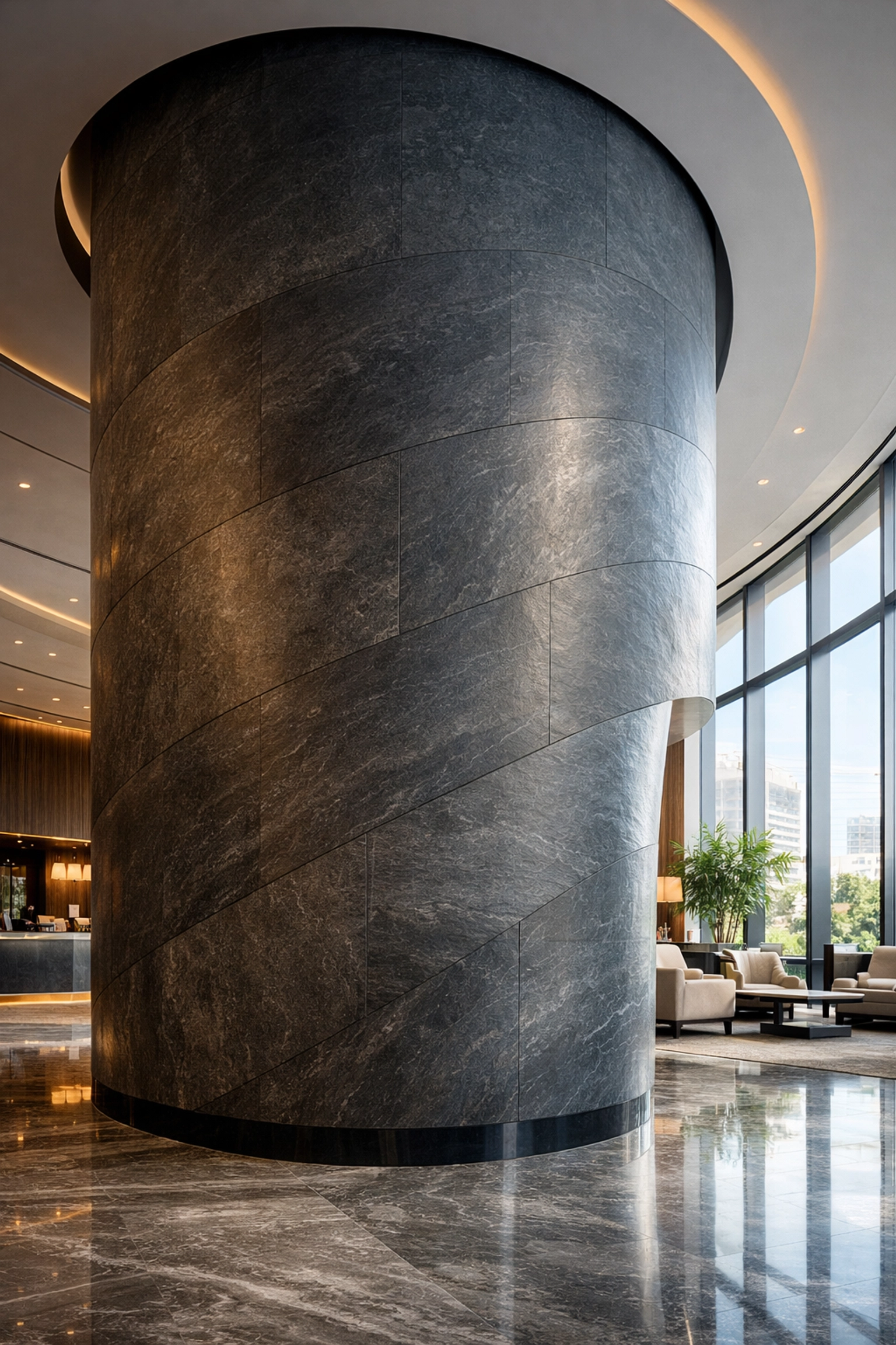 Curved architectural column wrapped in dark slate grey Flexible Natural Stone for a seamless modern look.