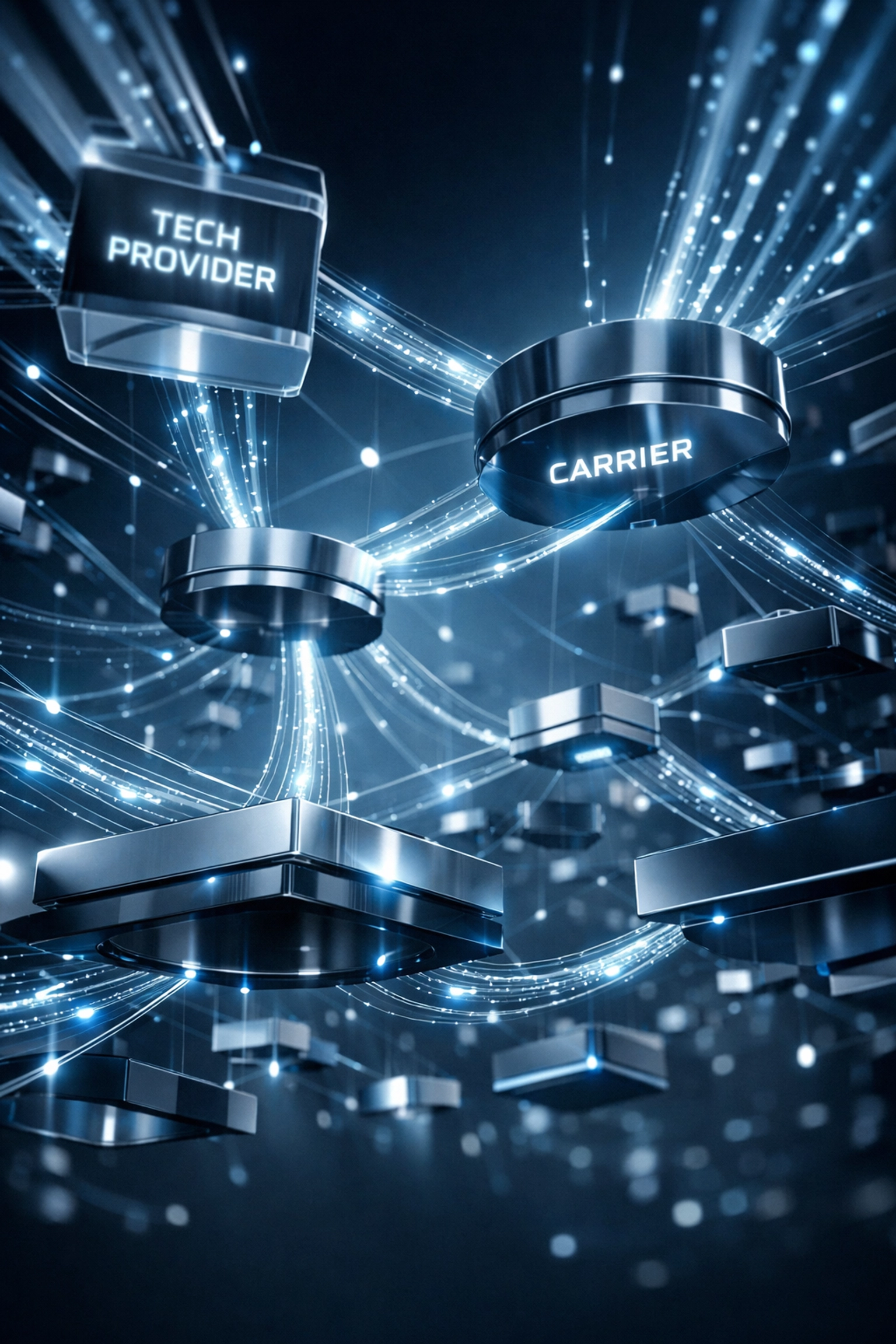 Interconnected network visualization showing 330+ global carriers and technology providers