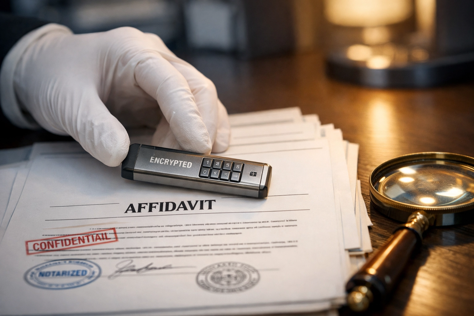 Forensic investigator handling digital evidence and legal affidavits for a fraud investigation case.