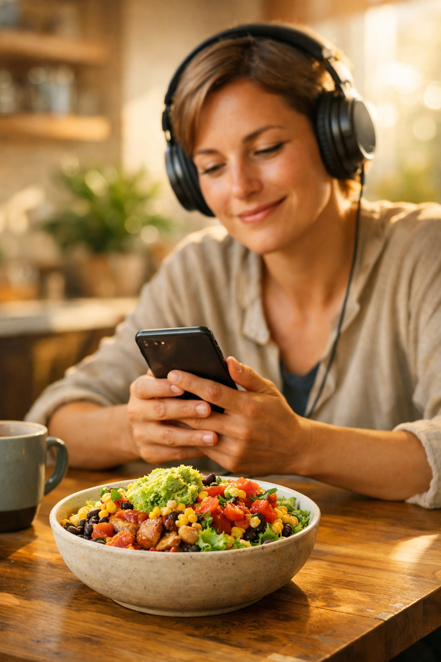 A person listening to the Taco Bout Fertility Tuesday podcast about IVF protocols while eating a burrito bowl.