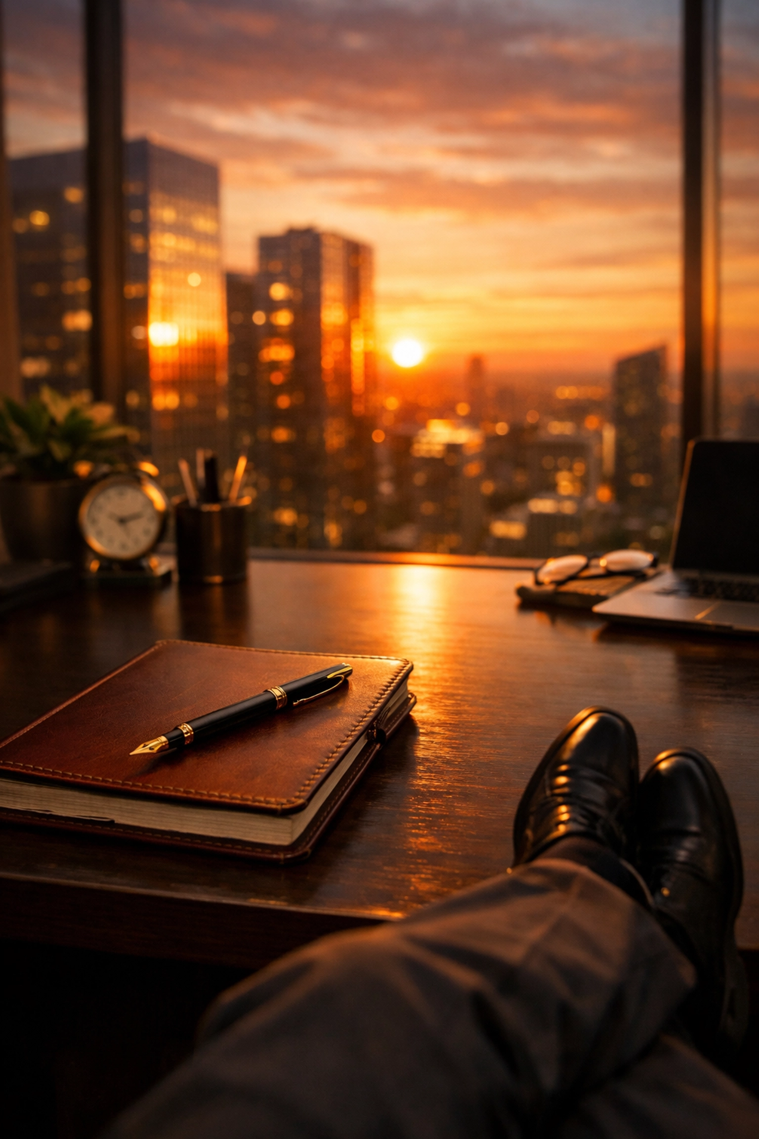 A professional desk with a notebook overlooking a city sunset, symbolizing a mindful end to the work week.