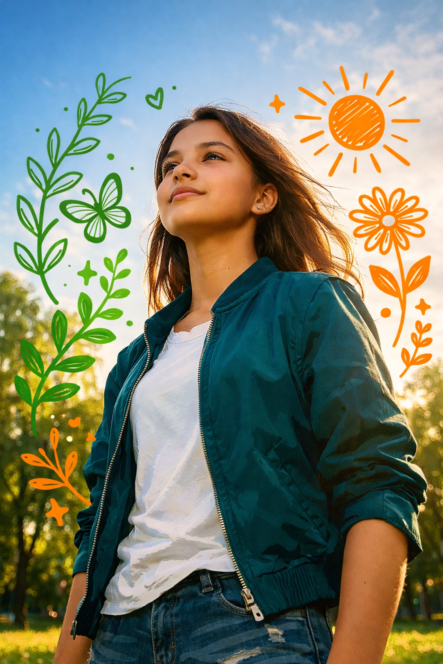 A confident teenage girl standing in a park, representing resilience and character development.