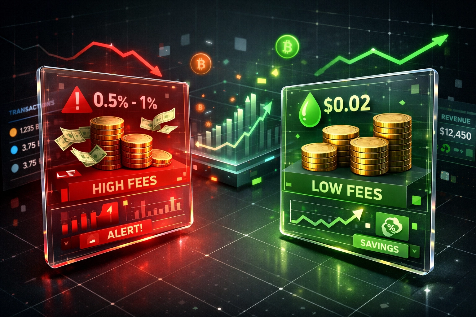 Cryptocurrency merchant fee comparison dashboard showing CoinPayments vs Larecoin costs