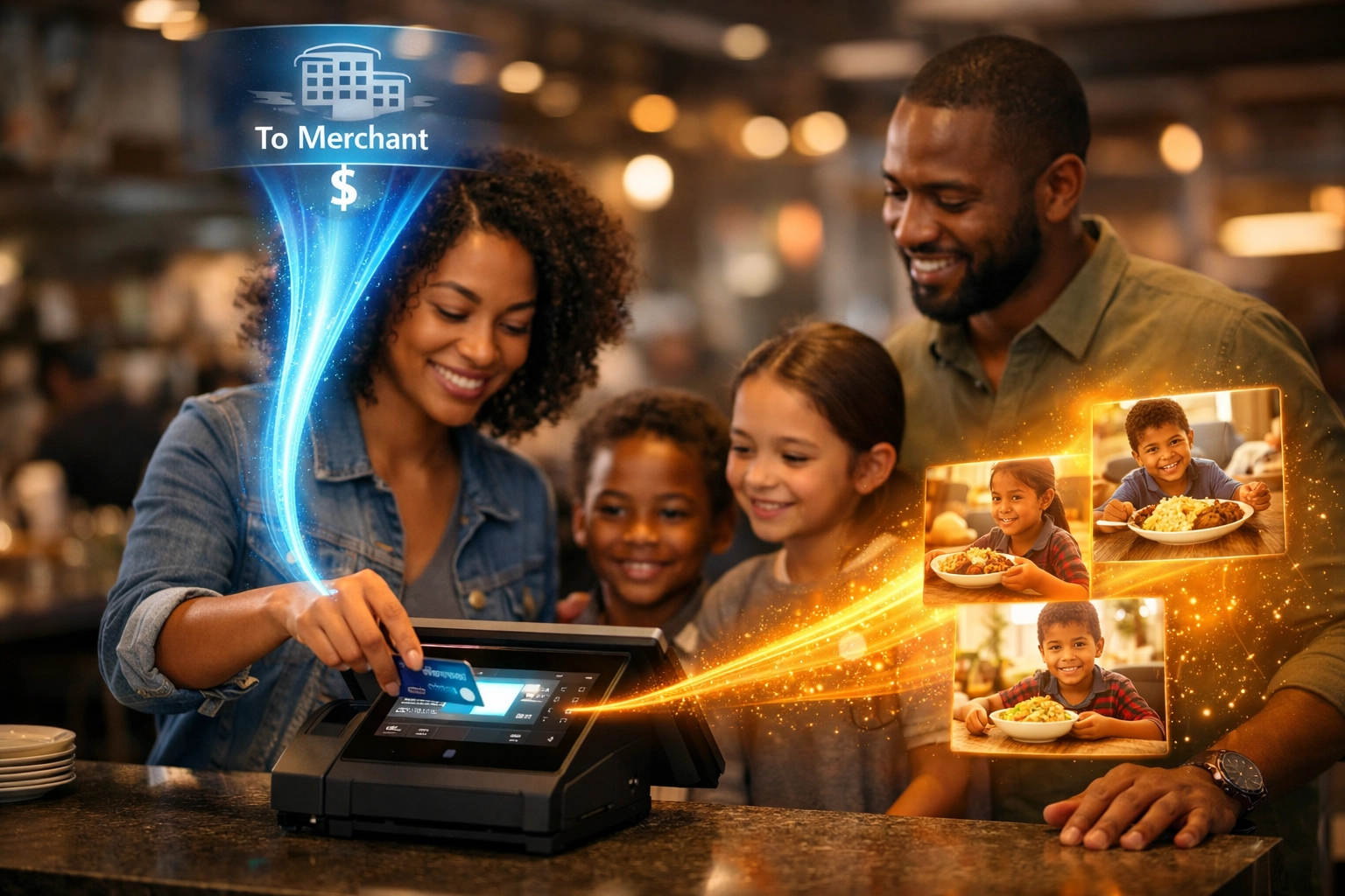 Restaurant customer making crypto payment with transparent fee allocation to feed hungry children