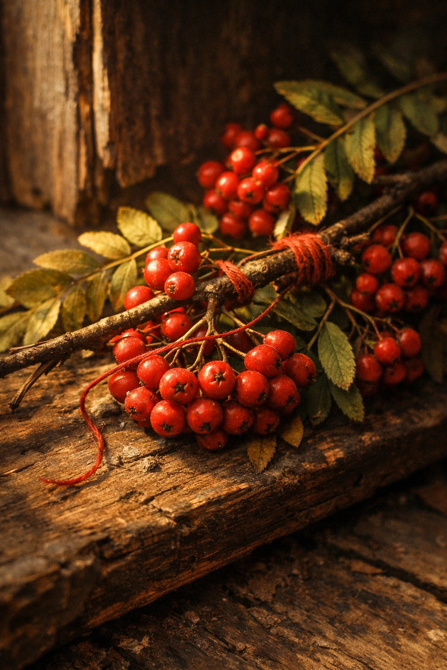 Rowan branches with red berries and thread for protection charm