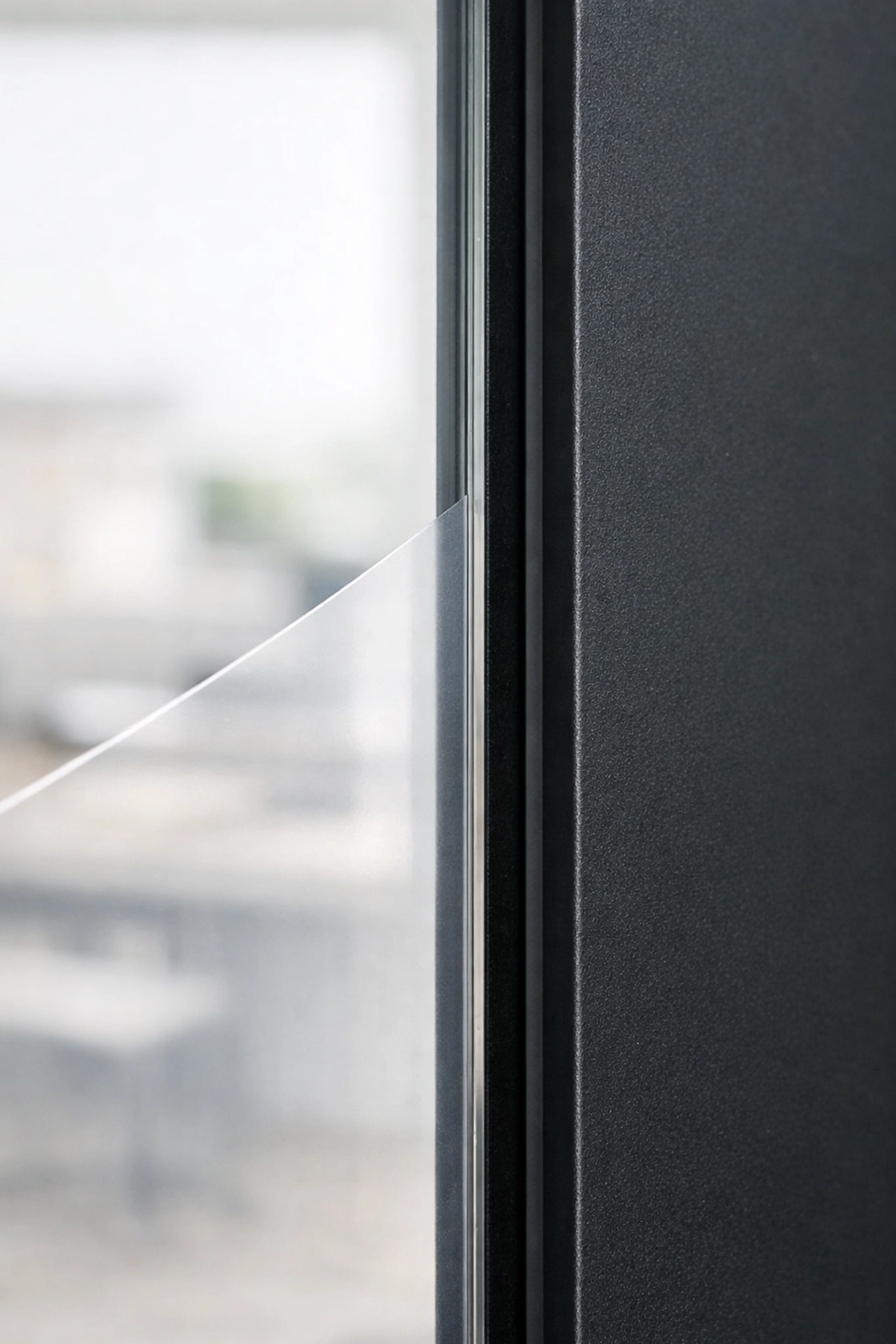 Professional smart film installation showing a seamless edge on a modern office window frame.
