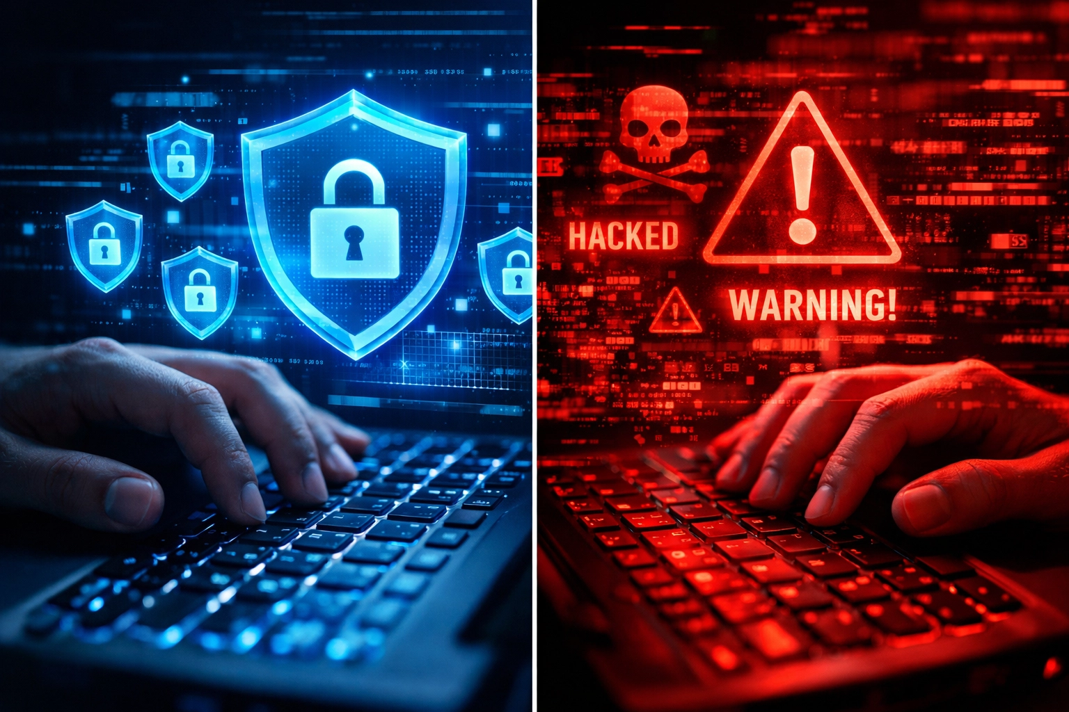 AI-powered cybersecurity defense contrasted with cyber threat attacks on keyboard