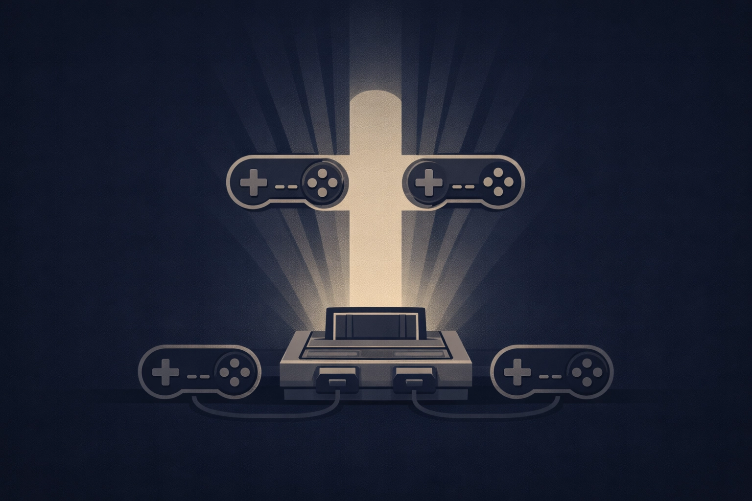 Vintage gaming console with controllers forming a cross, symbolizing 8-bit worship music