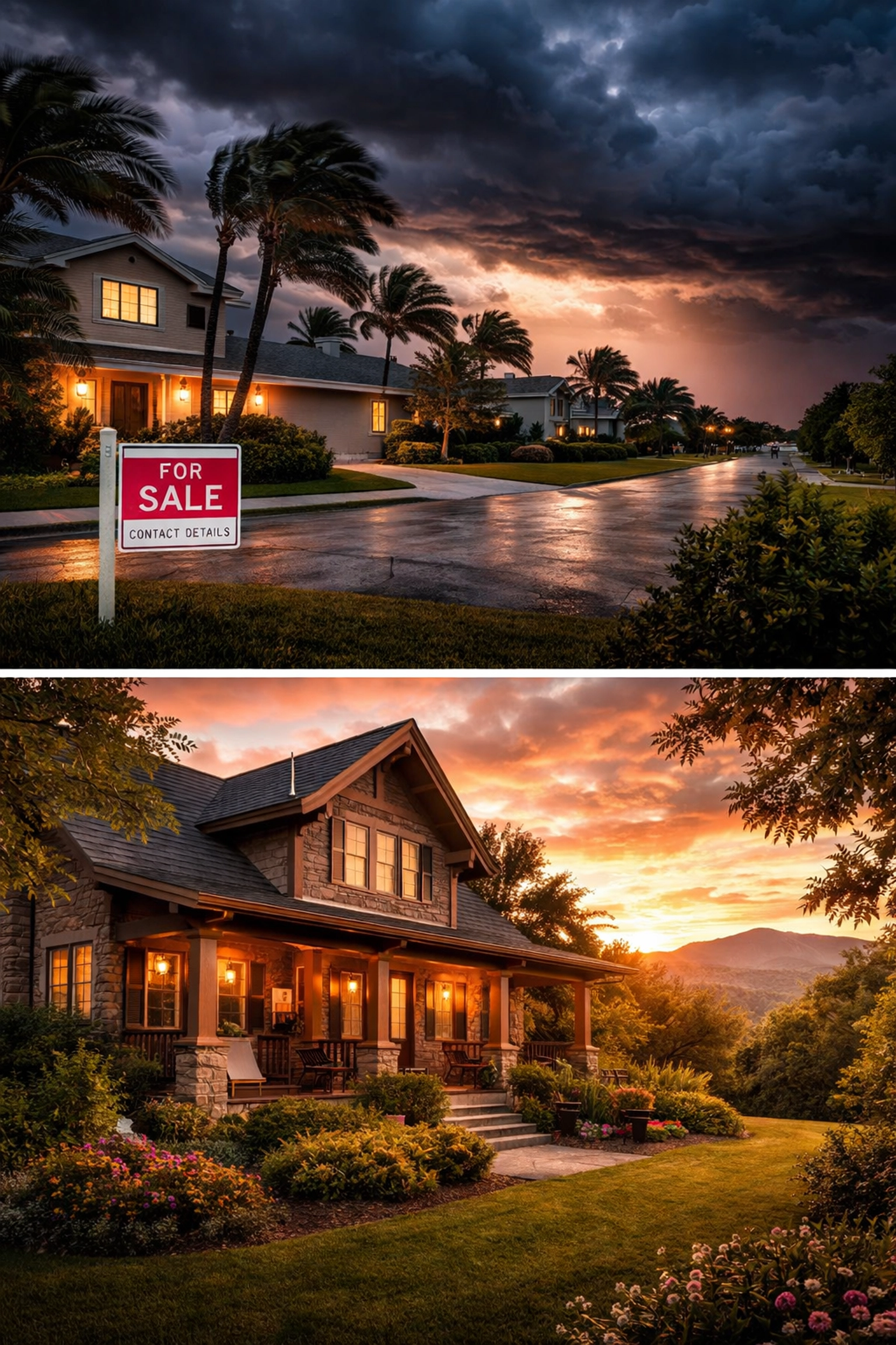 Sunset view of a stormy Florida neighborhood and a peaceful Georgia home, highlighting the move north for stability.
